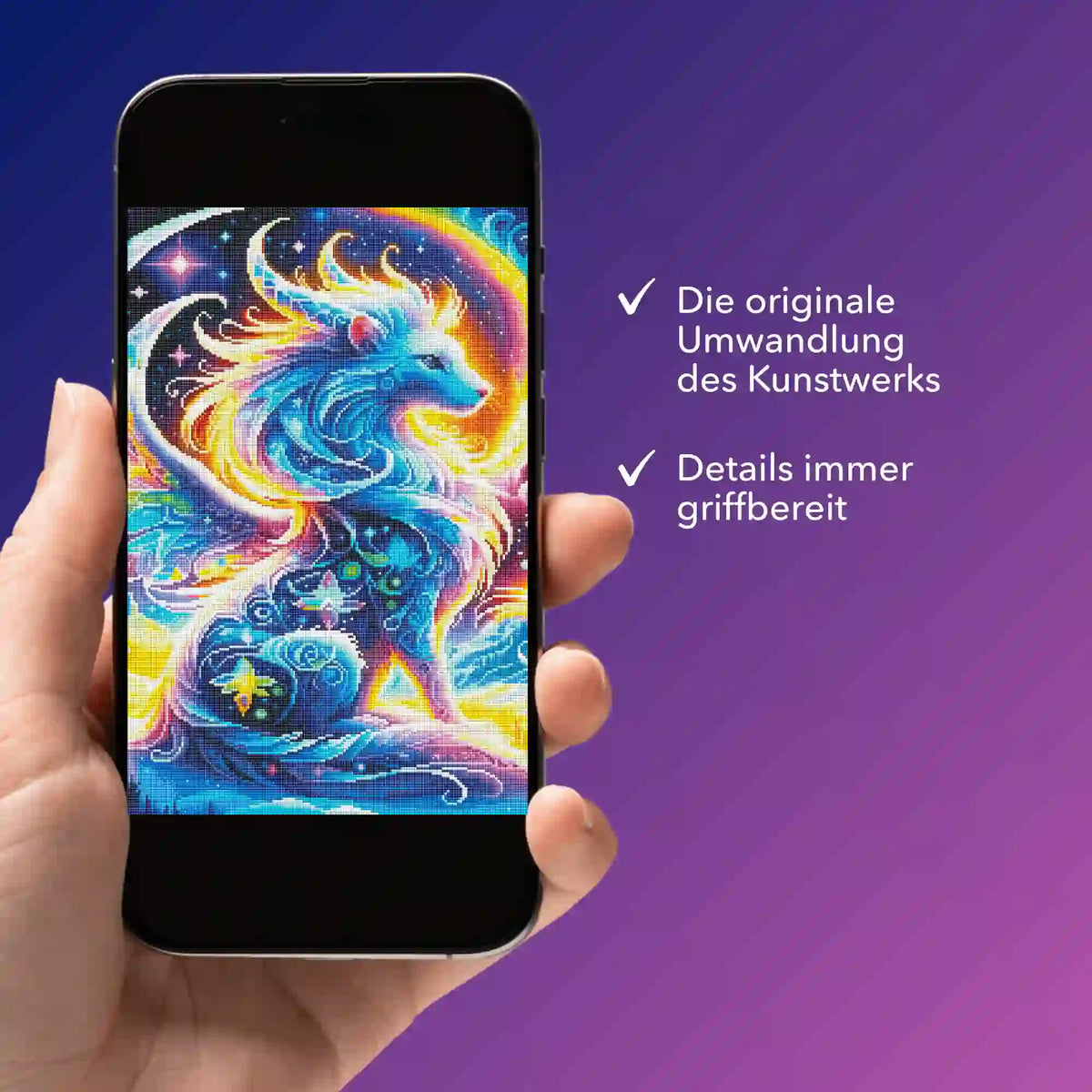 Digitale Diamond Painting Bildmappe Monja Hüterin der Berge als PDF auf einem Smartphone zur einfachen Übersicht