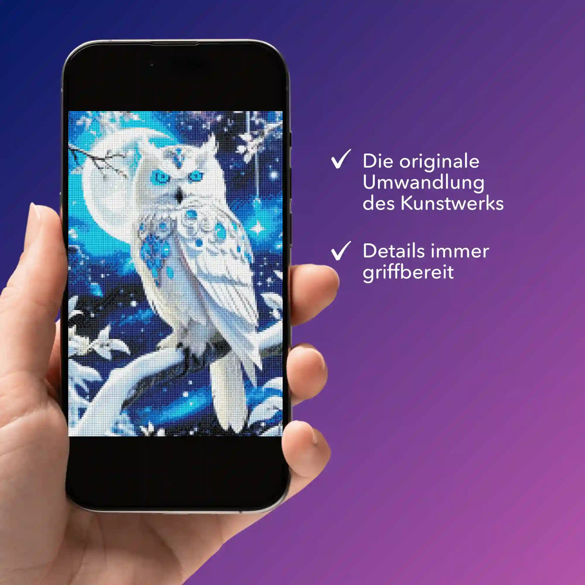 Digitale Diamond Painting Vorlage mit Eulen-Motiv auf dem Smartphone für kreative Bastelprojekte