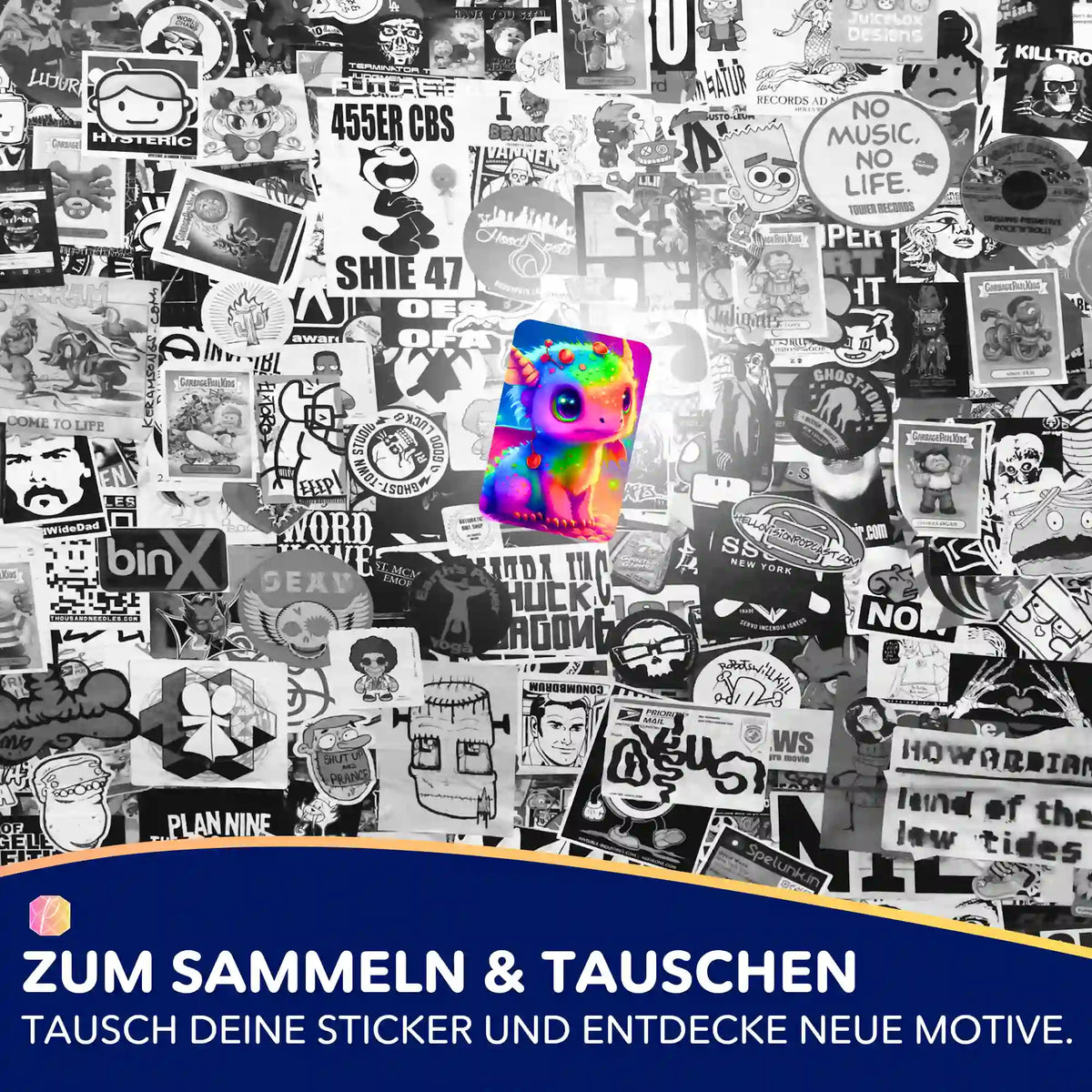 Bunter Regenbogendrache Sticker als Highlight in einer Wand voller schwarz-weißer Aufkleber für Diamond Painting Fans