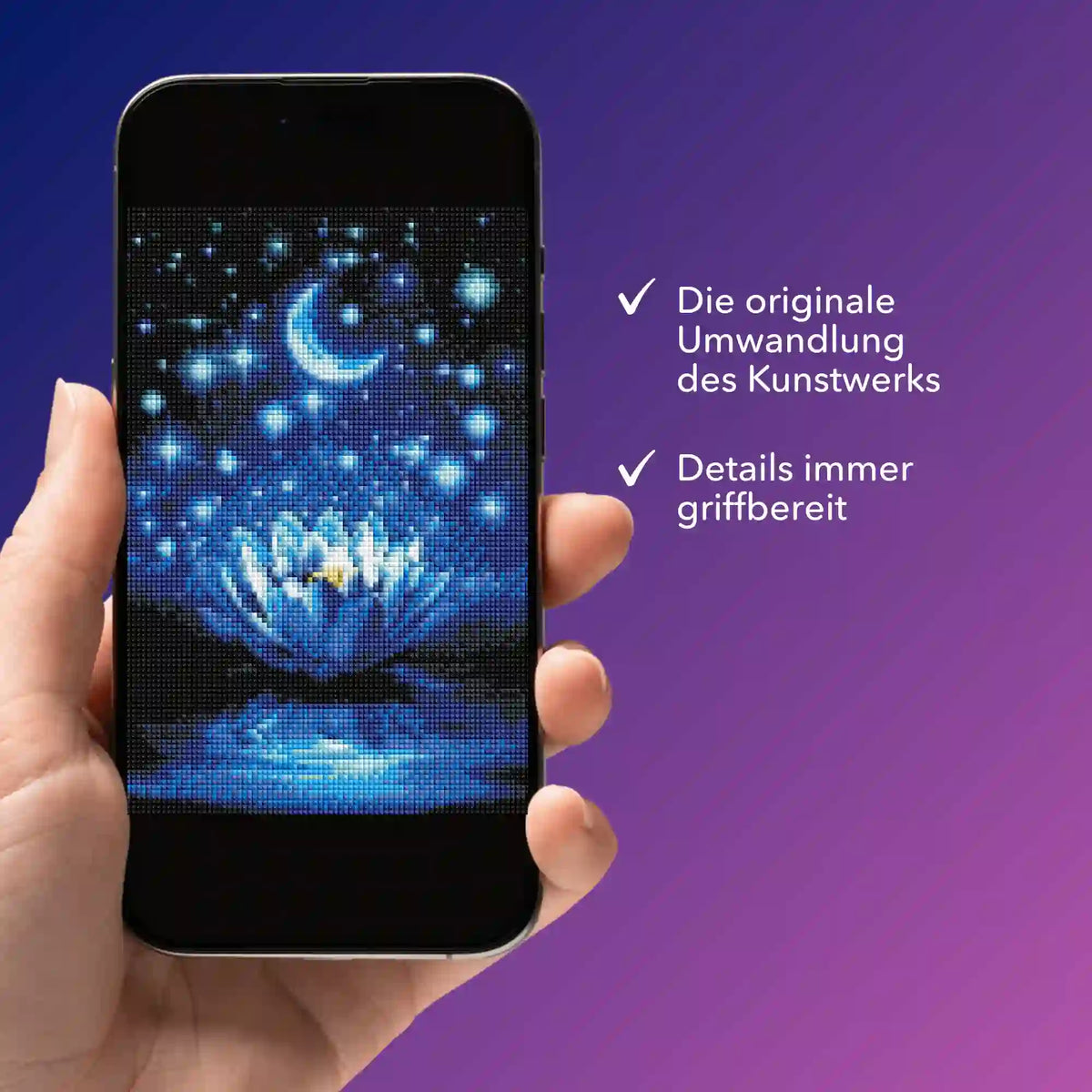 Digitale Diamond Painting Bildmappe als PDF auf Smartphone mit Motiv Blaue Seerose für dein nächstes DIY-Projekt