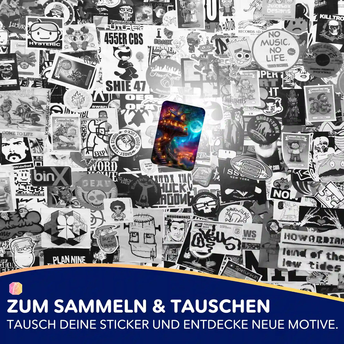 5er-Set Sticker Sternhafen der Wanderer für Diamond Painting Organisation mit farbenfrohem Motiv auf schwarz-weißem Hintergrund