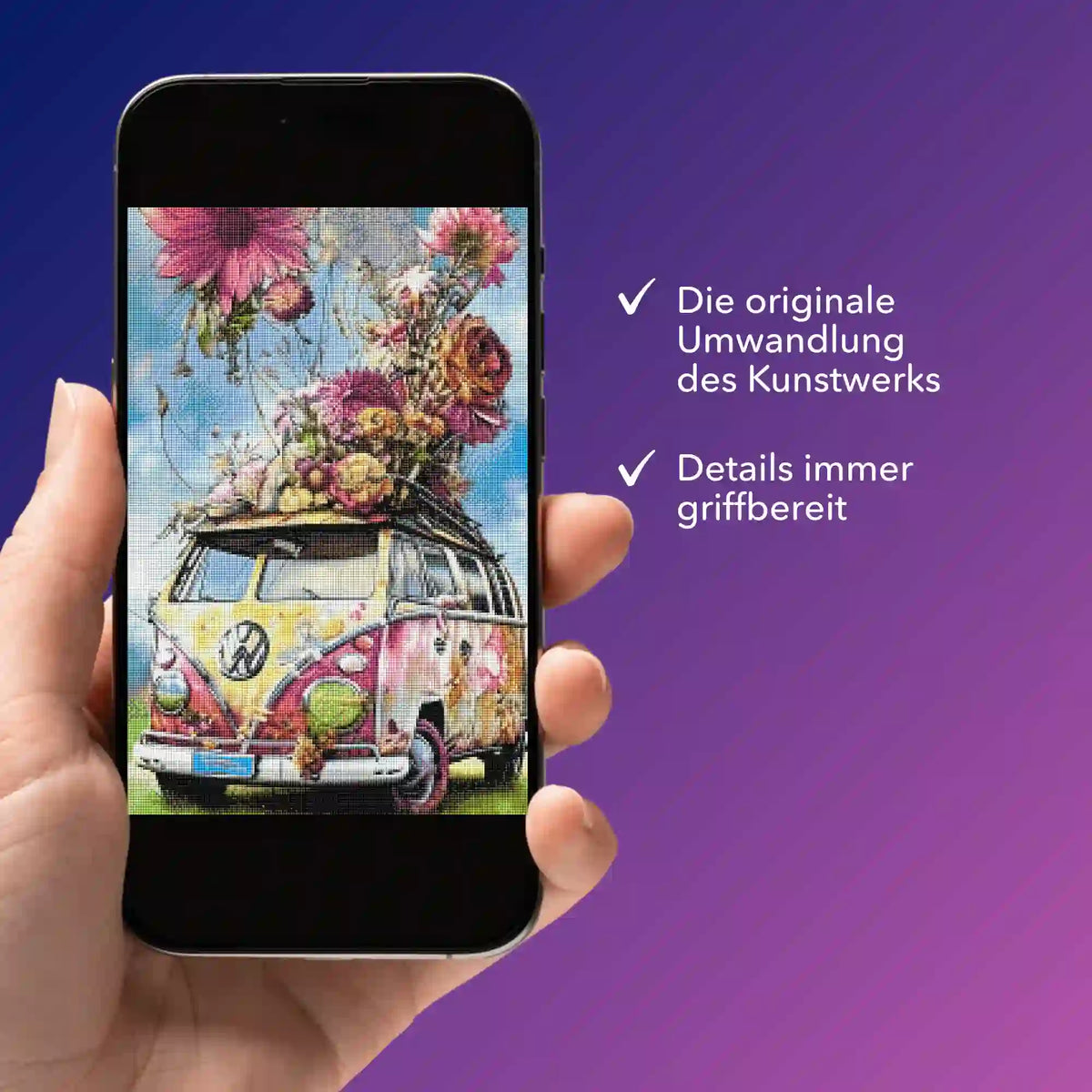 Digitale Diamond Painting Vorlage Flower Power Bully auf Smartphone-Display für die kreative Gestaltung.