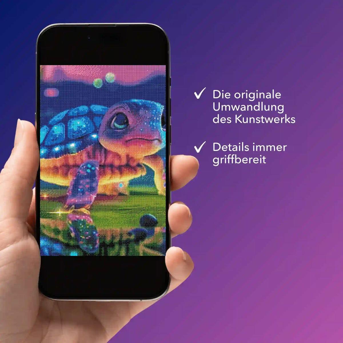Digitale Diamond Painting Vorlage mit Sparkling Turtle Motiv auf einem Smartphone als praktische PDF-Bildmappe