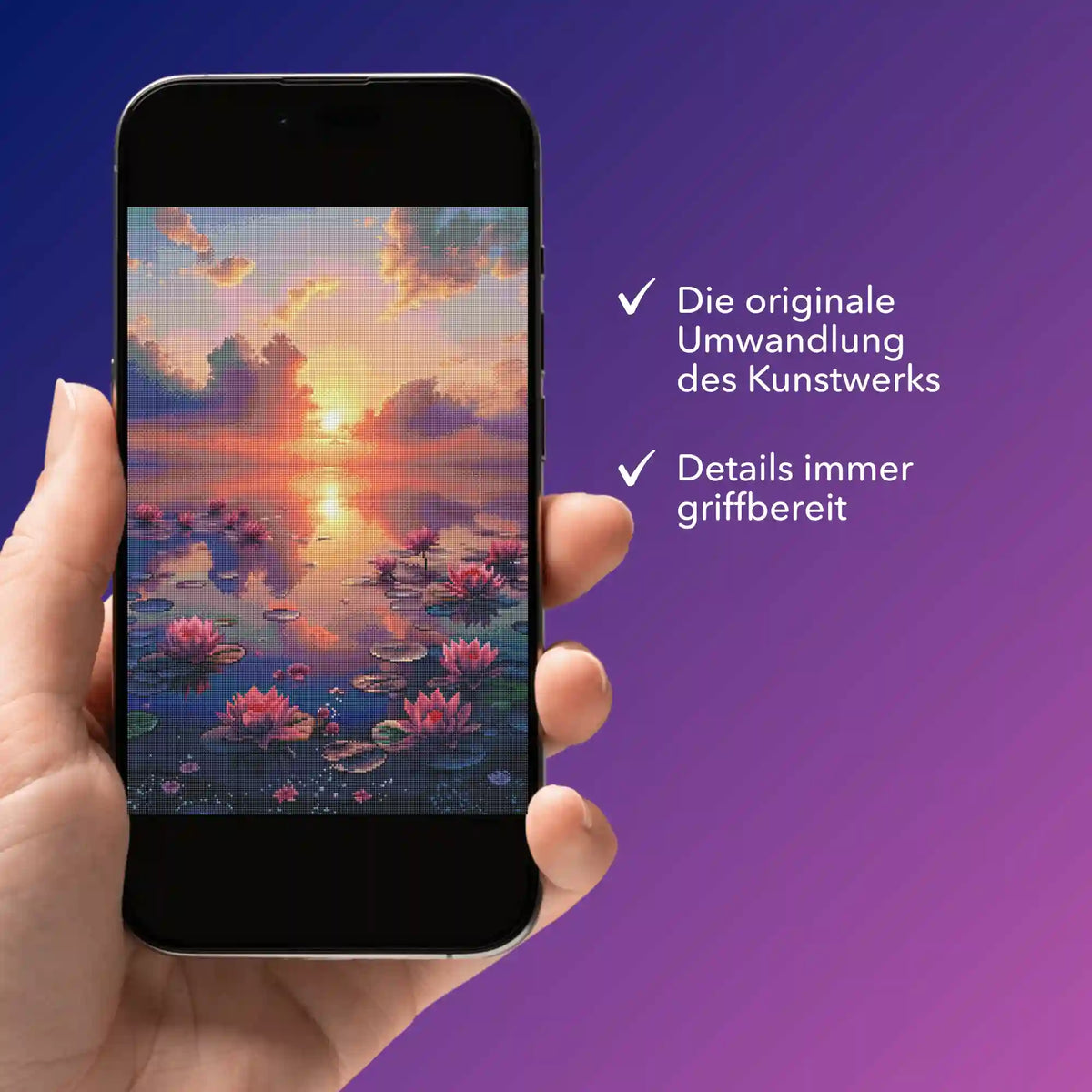 Digitale Diamond Painting Bildmappe als PDF auf Smartphone mit Abenddämmerung Motiv für DIY-Künstler