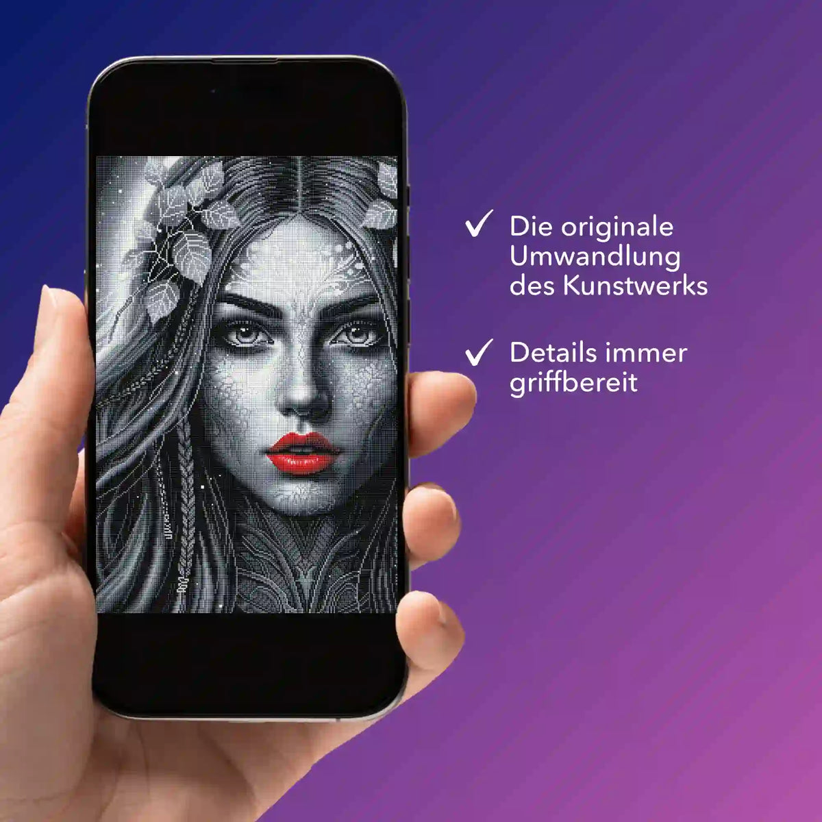 Digitale Diamond Painting Bildmappe mit Red Lips Motiv auf Smartphone für kreative Diamond Painting Projekte