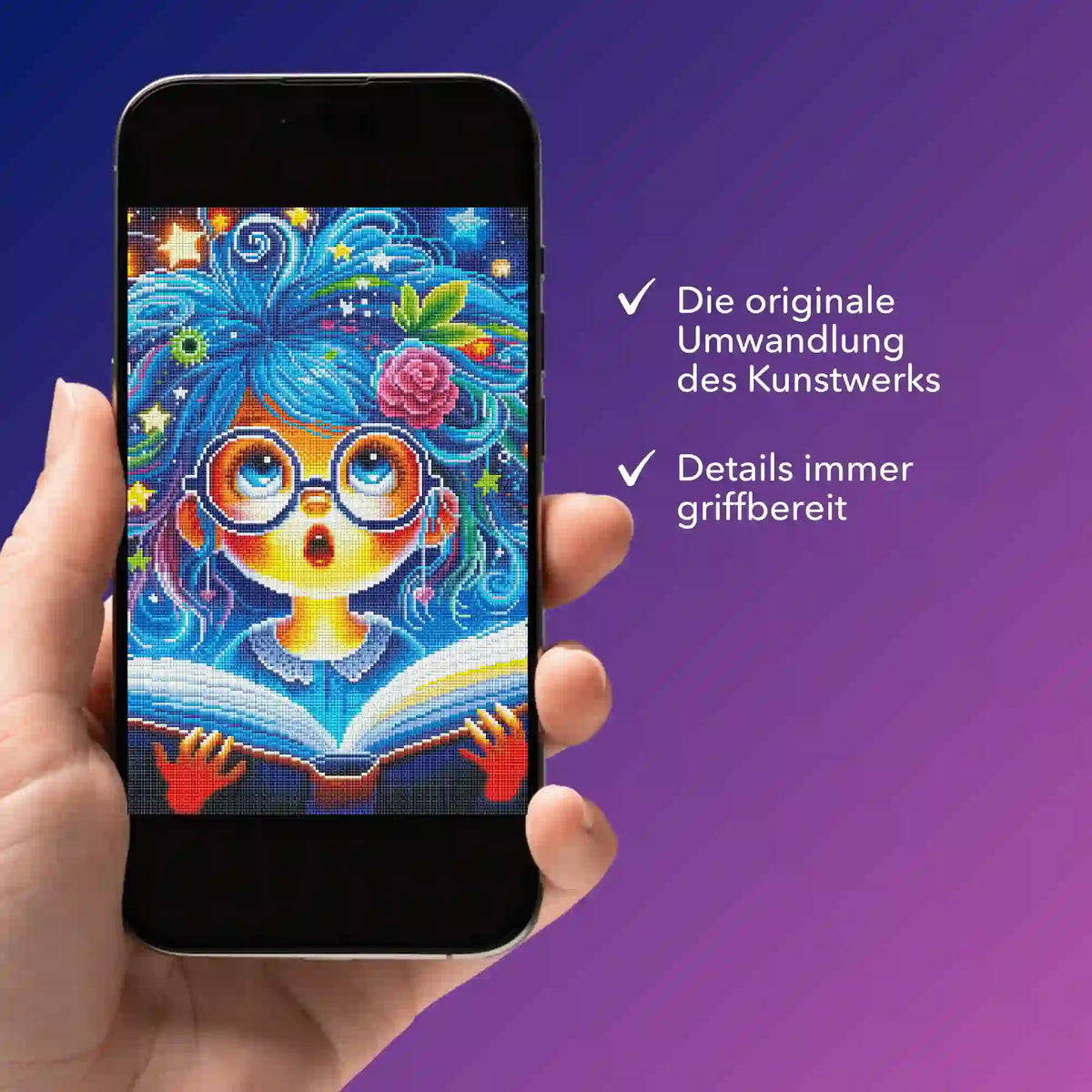 Digitale Bildmappe zum Diamond Painting Motiv Lesemaus Josephine auf einem Smartphone zur mobilen Nutzung der Details.