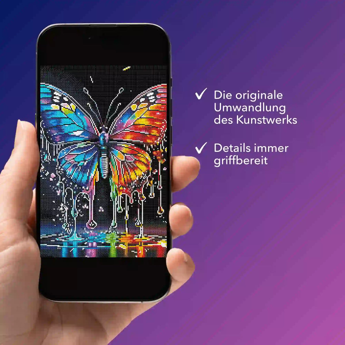 Digitale Diamond Painting Bildmappe als Waterdrop Butterfly auf dem Smartphone, ideal für kreative DIY-Projekte.