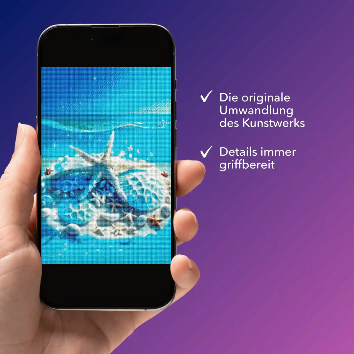 Digitale Diamond Painting Vorlage Blaue Meeressymphonie als PDF-Bildmappe auf einem Smartphone angezeigt