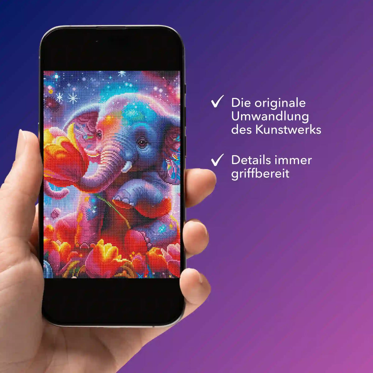 Smartphone mit digitaler Diamond Painting Vorlage als Elefantenmädchen für kreative DIY-Kunstprojekte