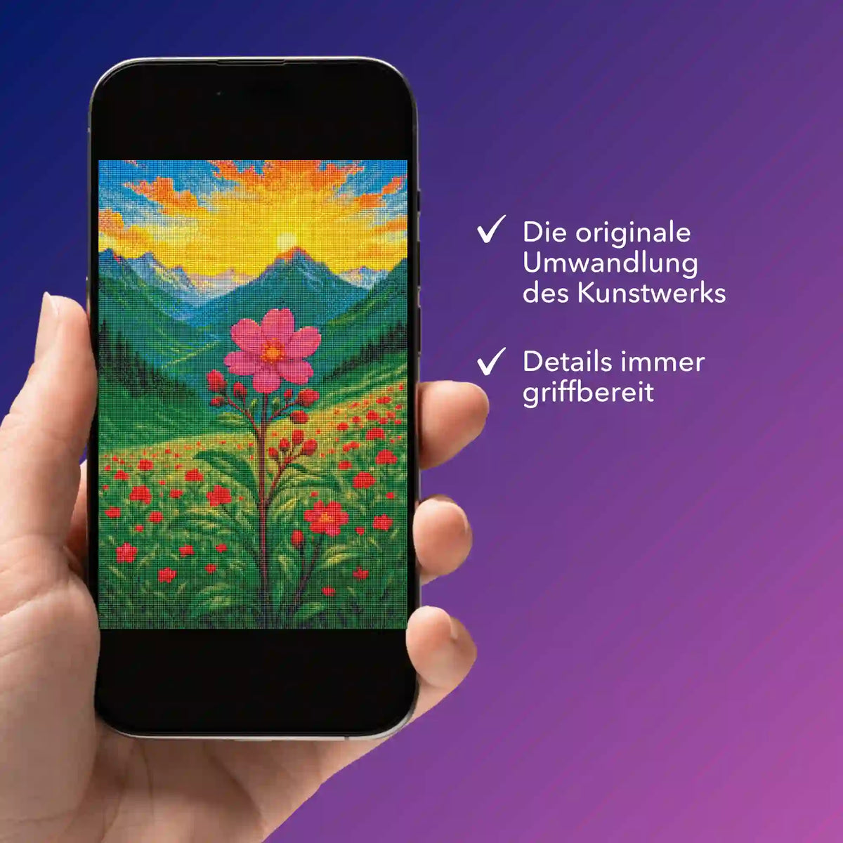 Digitale Diamond Painting Vorlage mit Gebirgsblume Motiv auf Smartphone-Display zur einfachen DIY-Leinwand Gestaltung