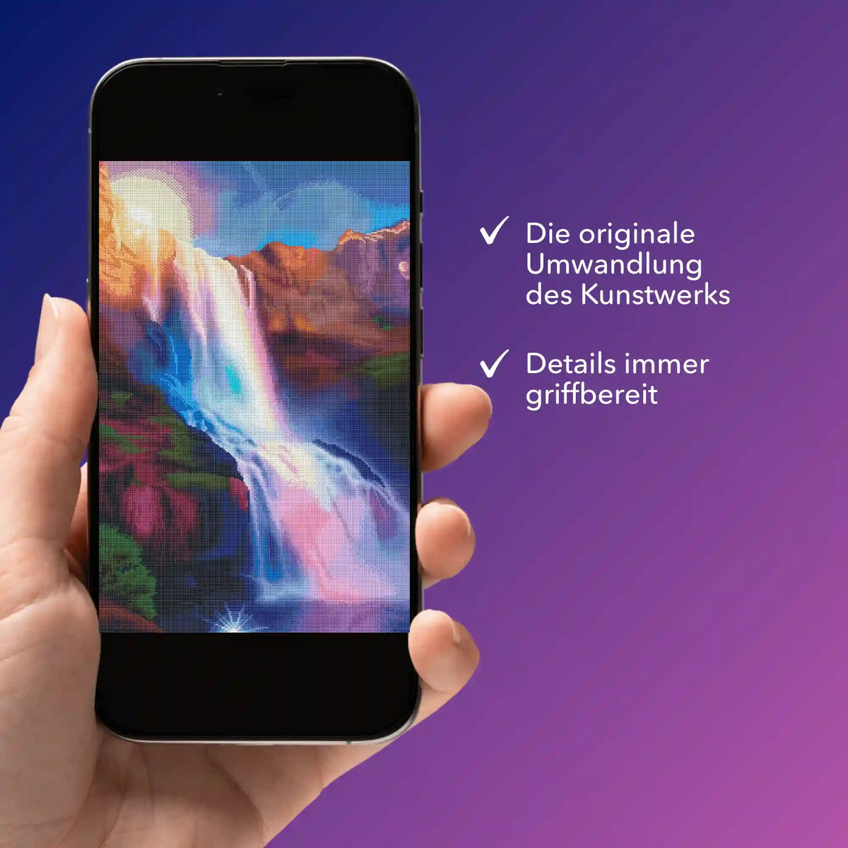Digitale Pixel-Vorschau eines Diamond Painting Wasserfall-Motivs auf einem Smartphone als digitale Bildmappe von Picmondoo.