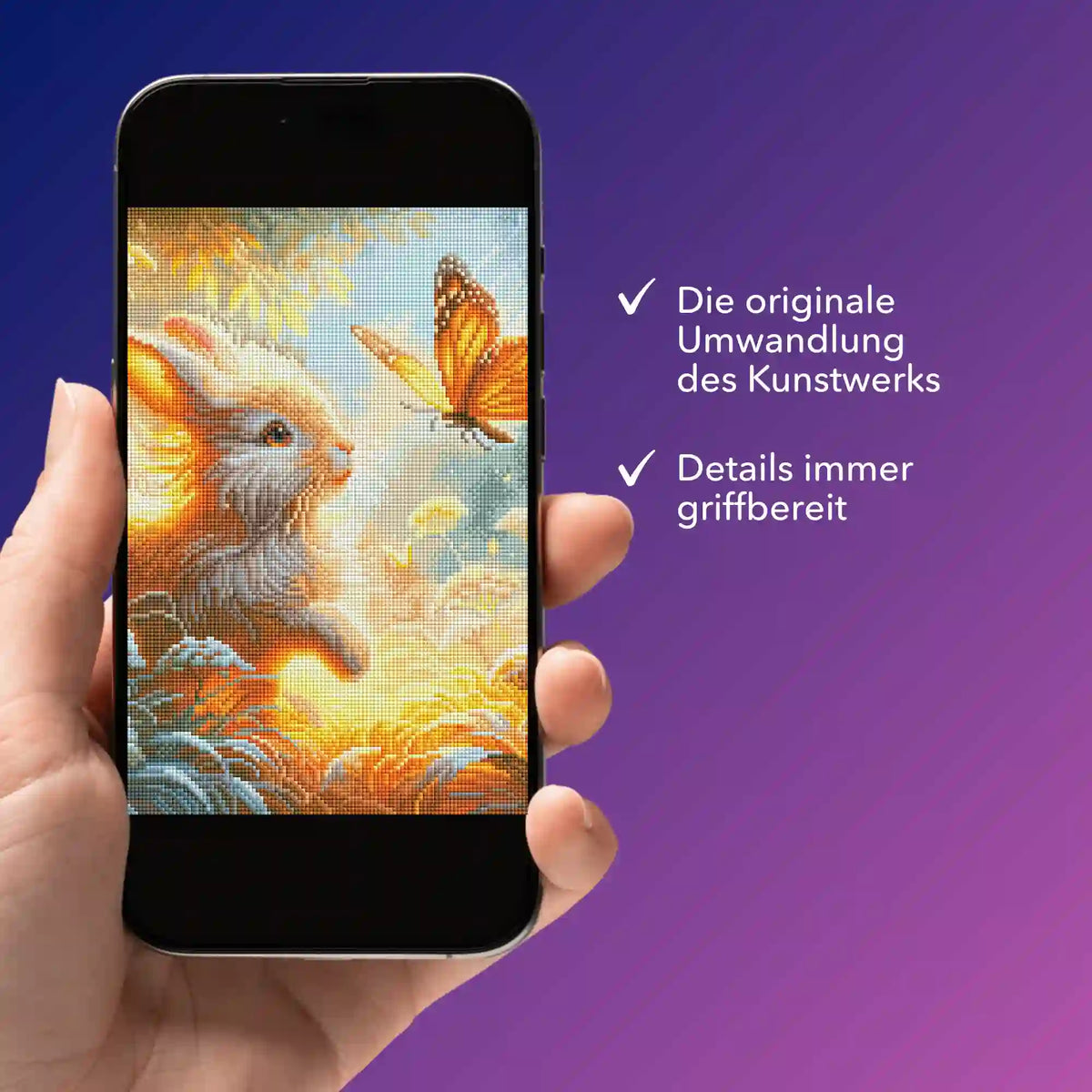 Digitale Bildmappe als PDF für Diamond Painting Motiv Häschenfreunde auf dem Smartphone anzeigen