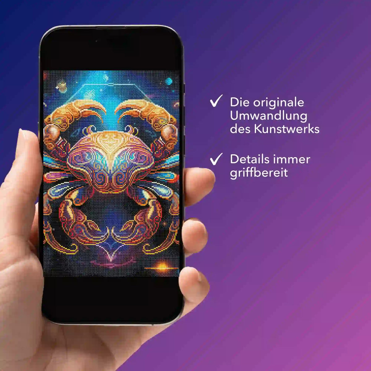 Digitale Bildmappe für Diamond Painting Motiv Sternzeichen Krebs mit detaillierter Vorlage auf dem Smartphone