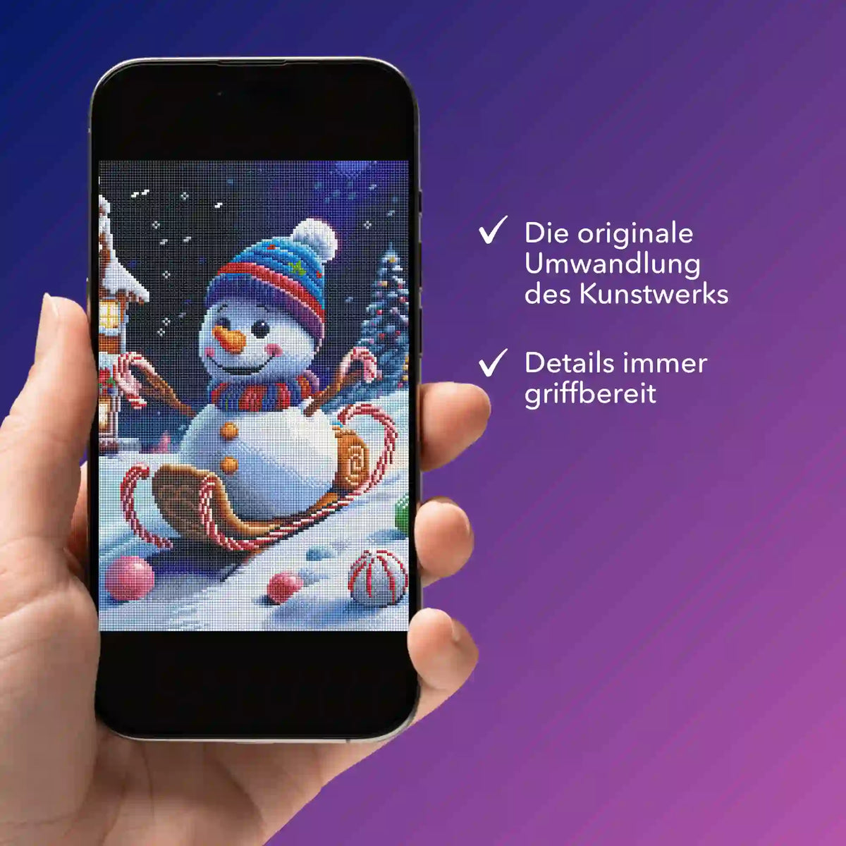 Digitale Bildmappe als PDF für Sweet Schlittenfahrt Diamond Painting Motiv mit Schneemann auf dem Smartphone.