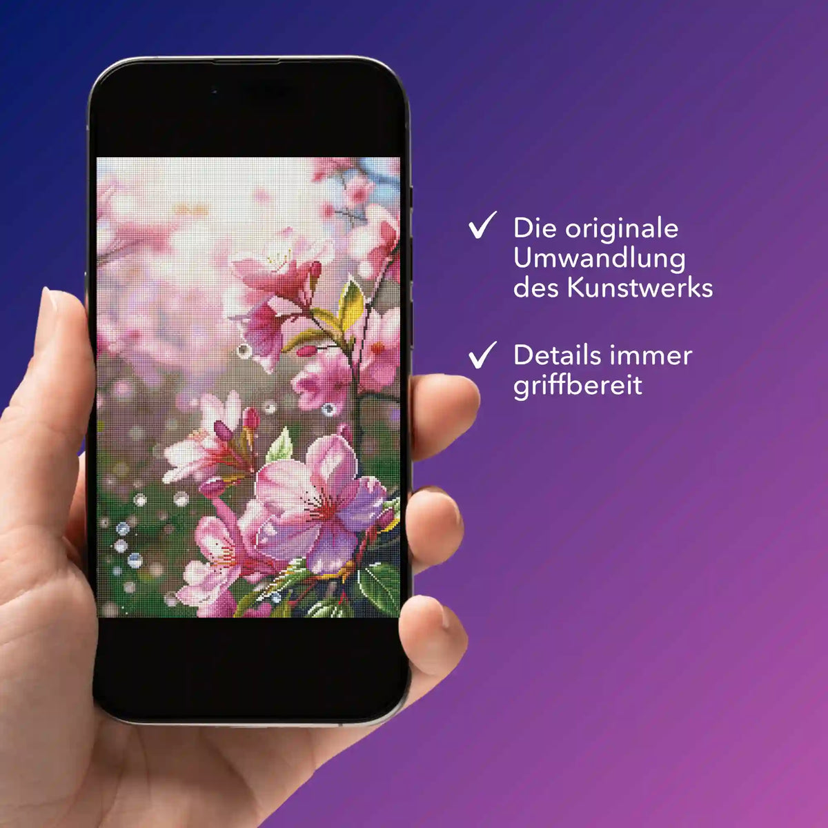 Digitale Diamond Painting Vorlage mit Kirschblüten Motiv auf Smartphone zur einfachen Übersicht für Bastel-Fans