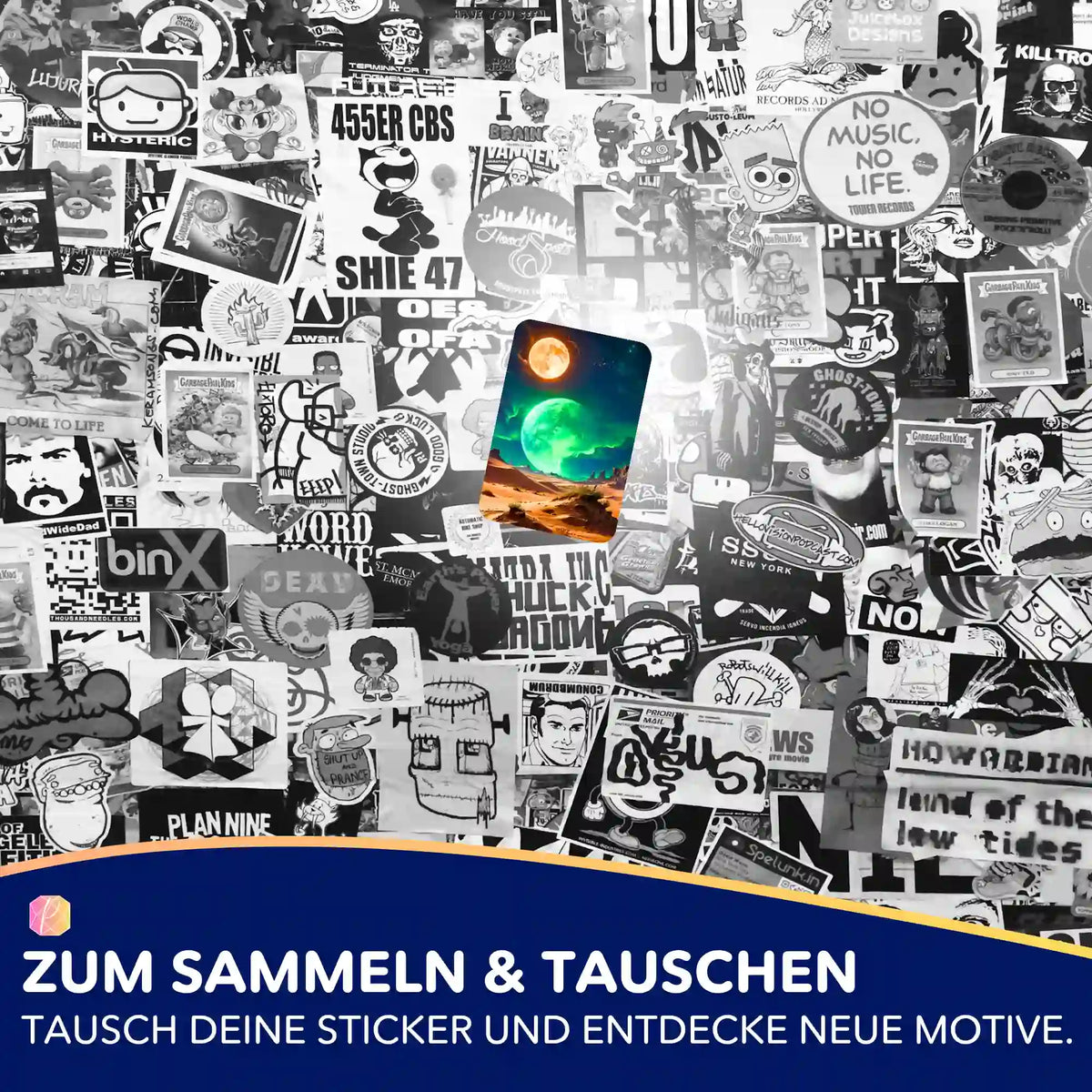 Finsternis Sticker 5er-Set von Picmondoo für Diamond Painting Fans und Sammler mit farbenfrohem Alien-Landschafts-Motiv