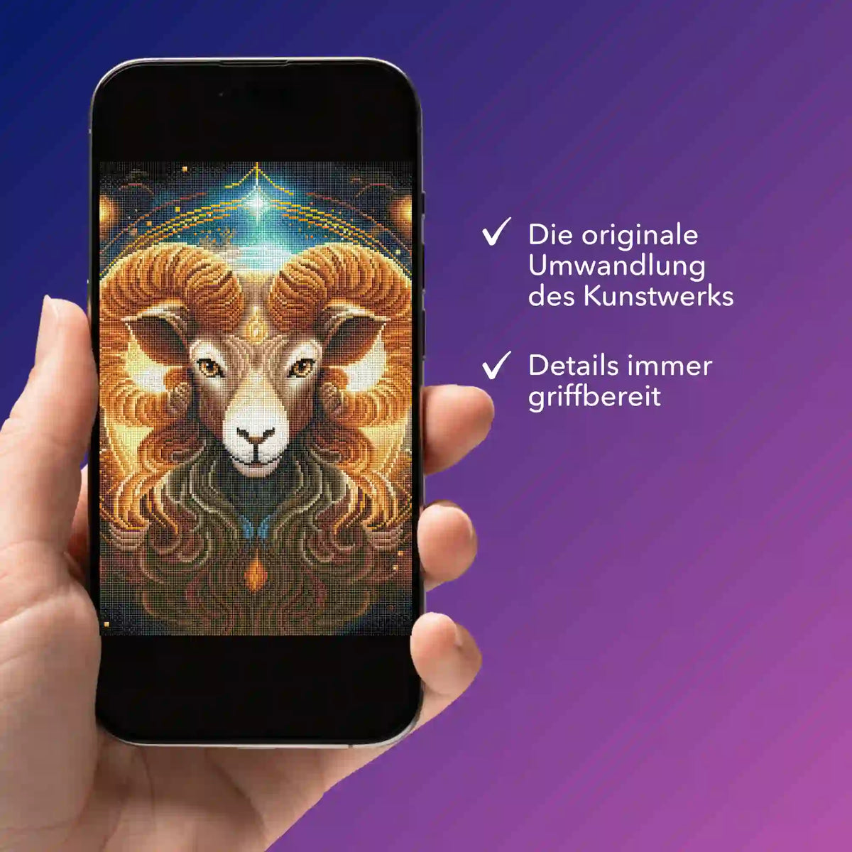 Digitale Diamond Painting Vorlage Sternzeichen Widder auf Smartphone zur mobilen Vorlage für DIY Kunstwerke