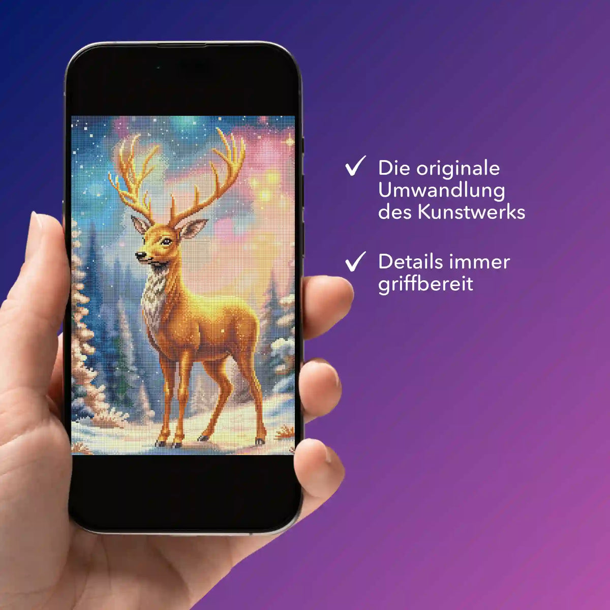 Digitale Diamond Painting Vorlage als Hirsch Motiv auf einem Smartphone zur mobilen Ansicht deines Kunstwerks
