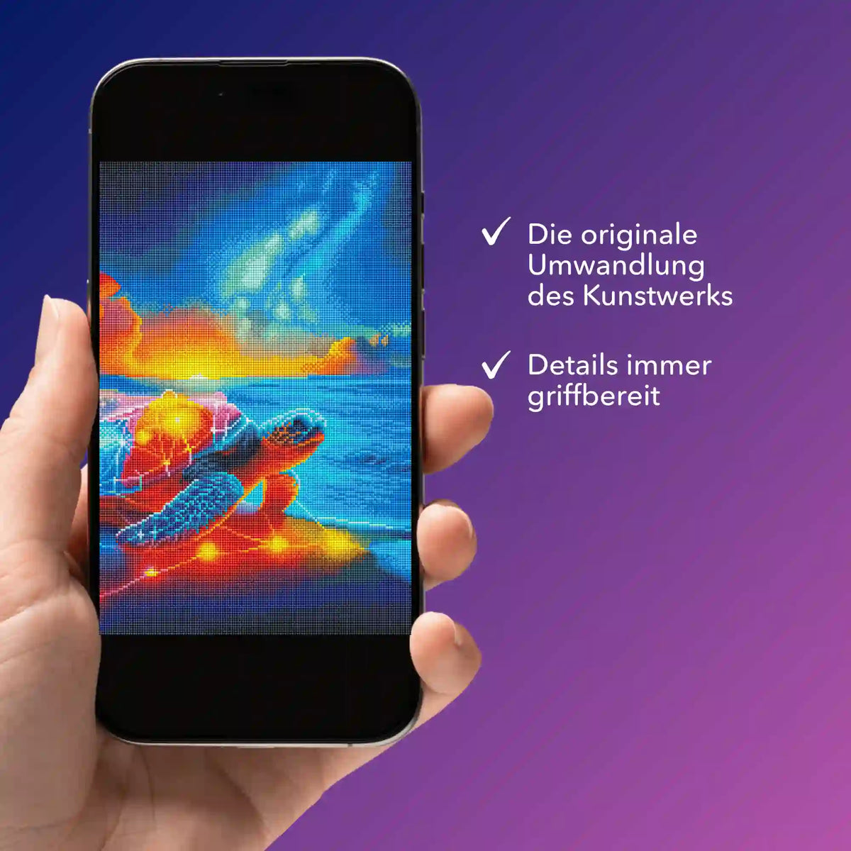 Digitale Diamond Painting Bildmappe mit buntem Schildkröten-Motiv auf Smartphone zur Ansicht von Details