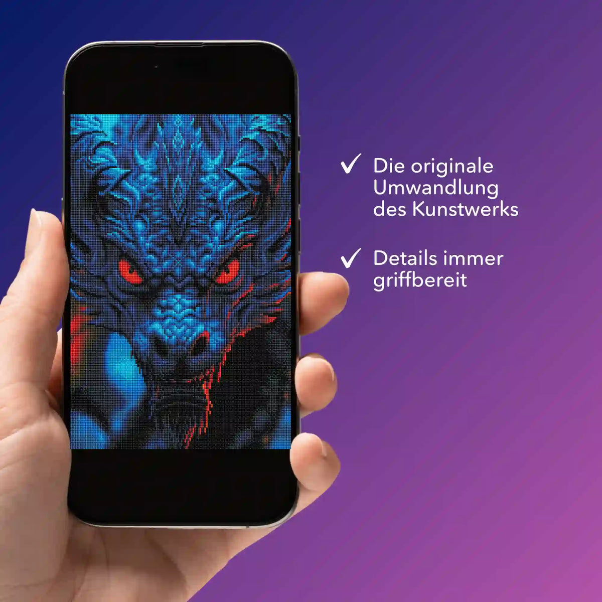 Digitale Diamond Painting Bildmappe mit Red Eyes Dragon Motiv auf einem Smartphone zur praktischen Vorlagenansicht