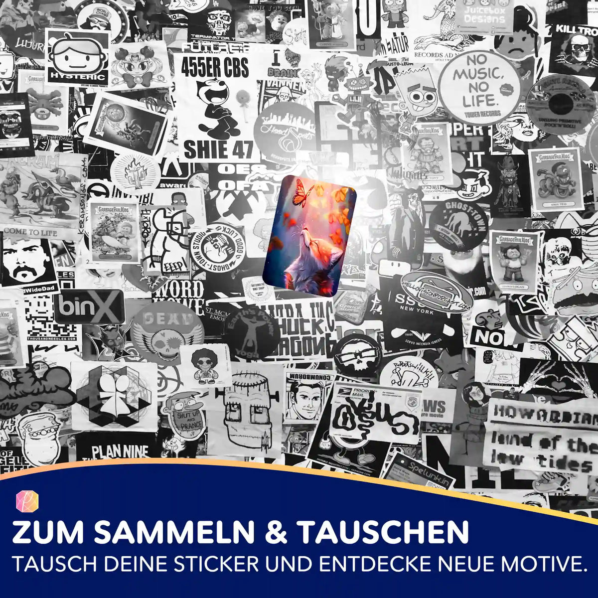 Süßer Fuchs Sticker für Diamond Painting und Malen nach Zahlen Organisation auf einer Collage aus verschiedenen Aufklebern