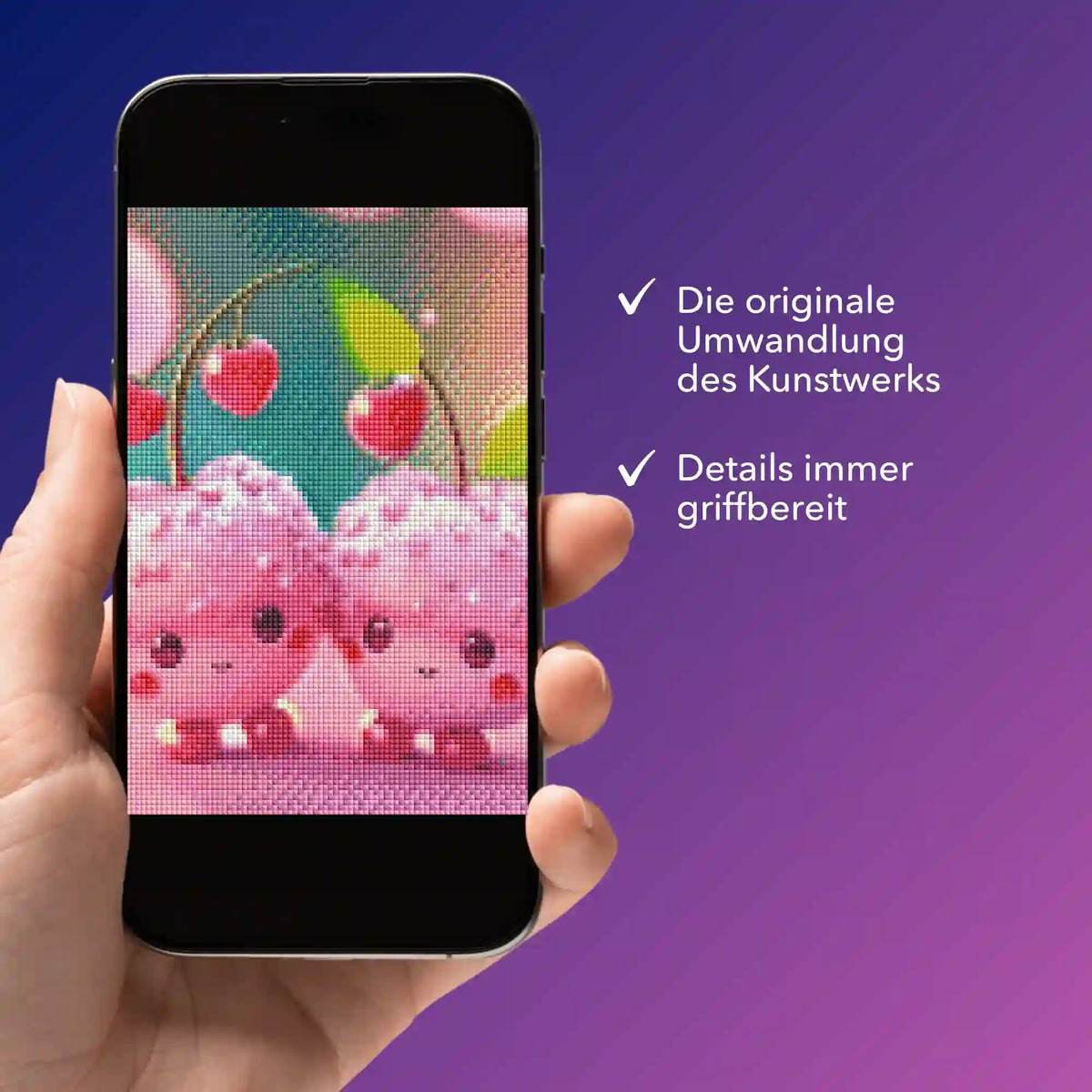 Digitale Diamond Painting Bildmappe Sweet Cherrys als PDF Vorlage auf einem Smartphone zur mobilen Projekthilfe