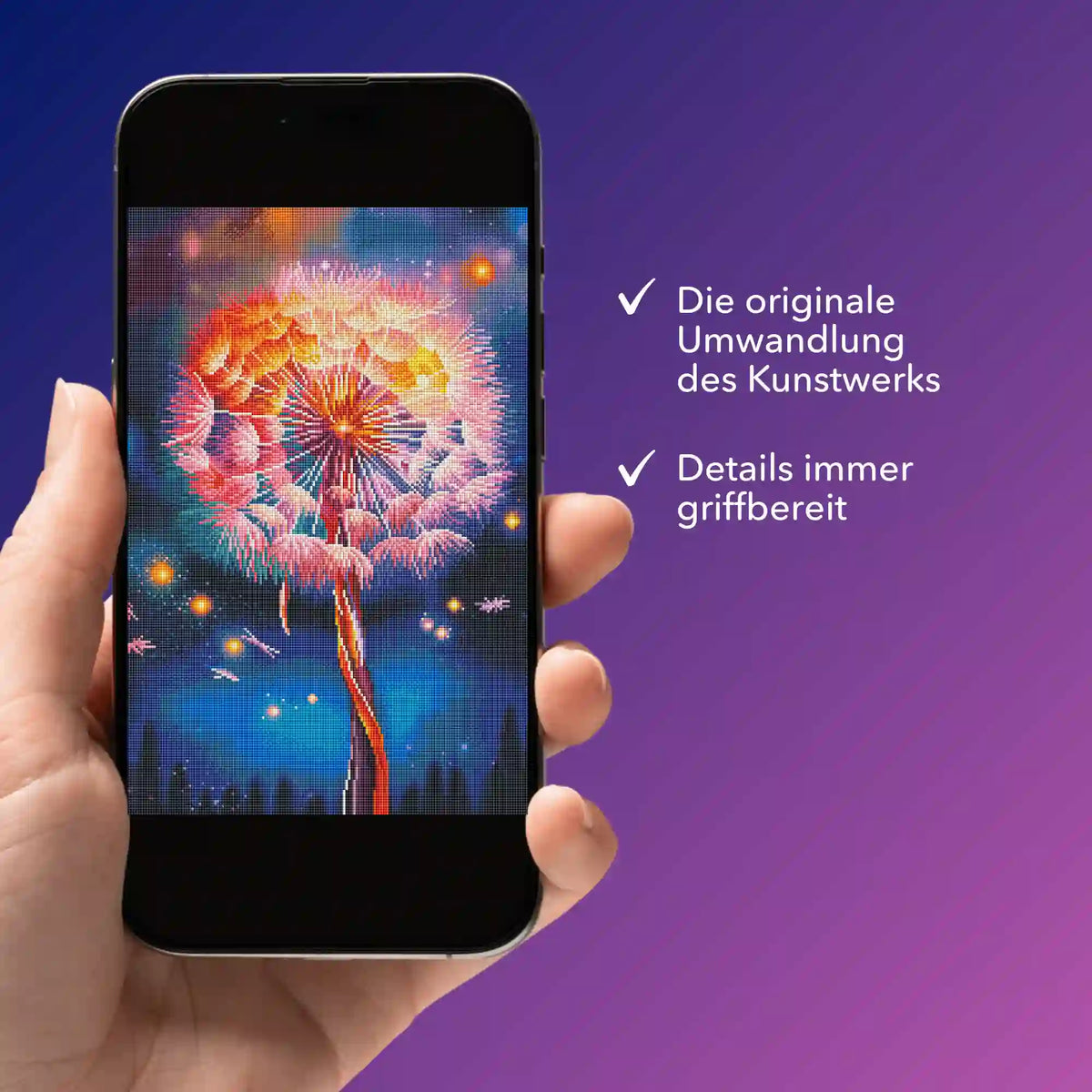 Digitale Diamond Painting Vorlage Fly away by Night als PDF auf einem Smartphone zur mobilen Übersicht der Motivdetails.