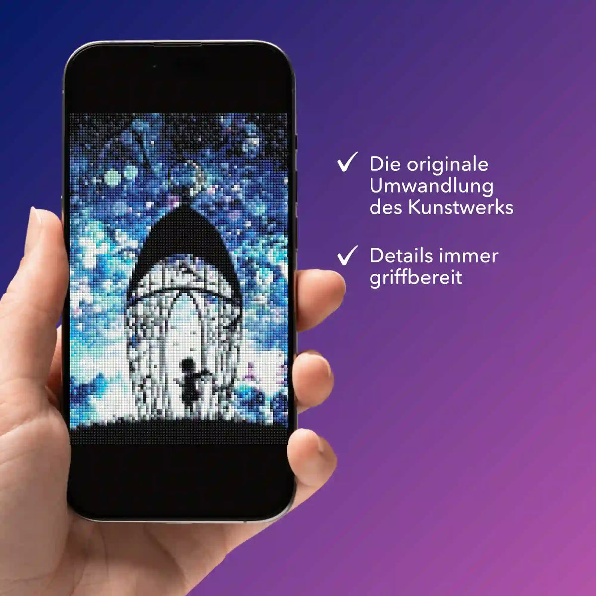 Digitale Diamond Painting Vorlage Engel der vielen Lichter als PDF auf einem Smartphone zur kreativen Orientierung