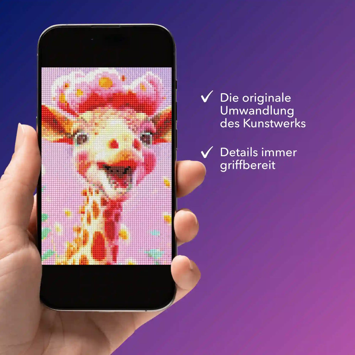 Digitale Bildmappe auf Smartphone mit bunten Giraffen-Motiv für Diamond Painting von Picmondoo