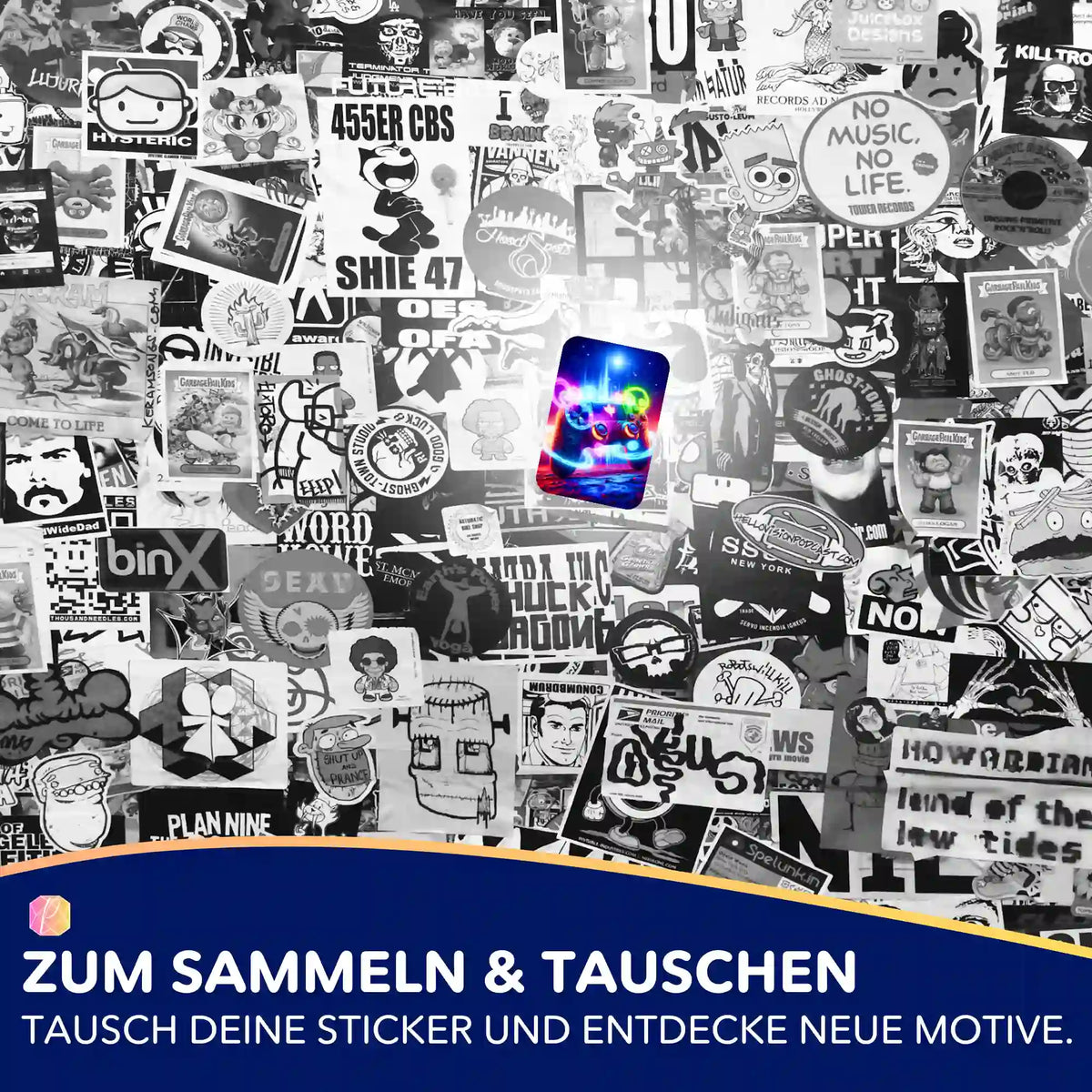 5er-Set Gamer Aufkleber für Diamond Painting Fans mit farbenfrohem Controller-Motiv auf schwarz-weißem Sticker-Hintergrund