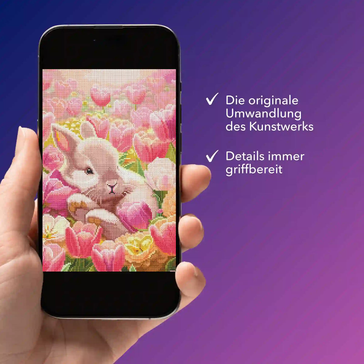 Digitale Diamond Painting Vorlage mit Osterhäschen Motiv in einer Smartphone-App von Picmondoo für kreative Bastelfans.