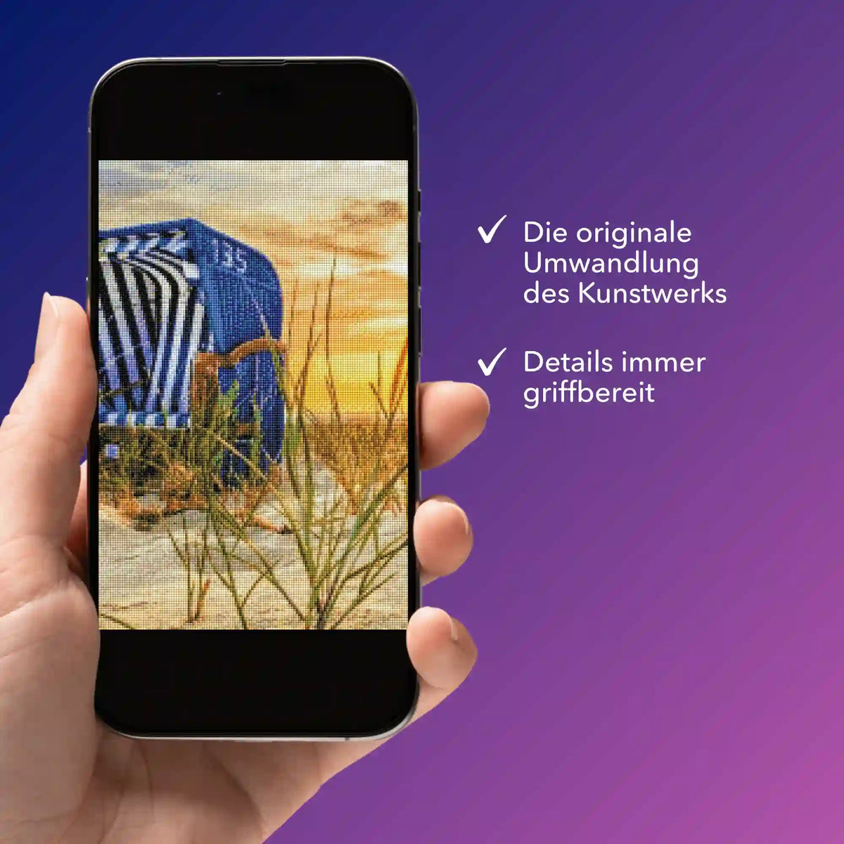 Digitale Picmondoo Bildmappe für Diamond Painting Strandmotiv Relaxtime auf einem Smartphone zur digitalen Ansicht