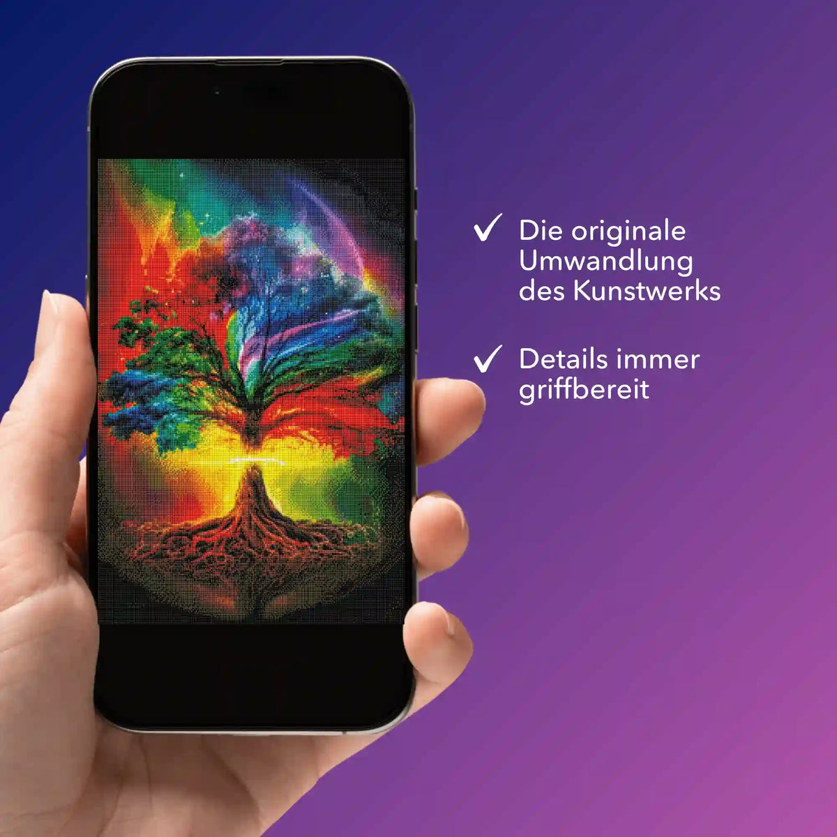 Digitale Bildmappe für Diamond Painting als Lebensbaum mit bunten Farben auf dem Smartphone