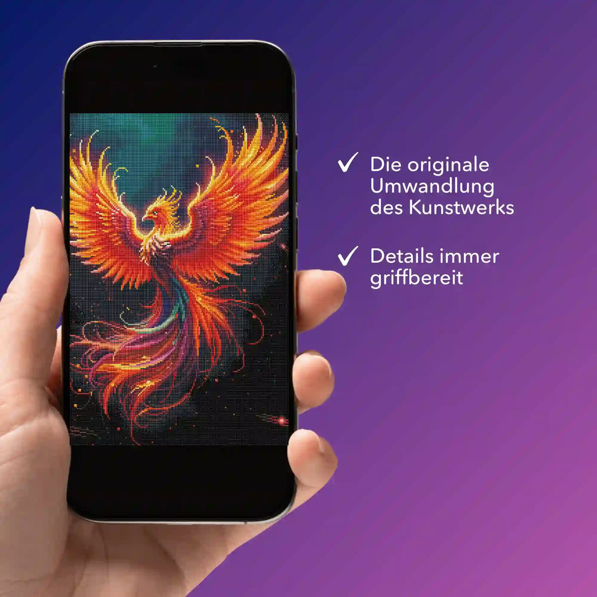 Digitale Bildmappe als PDF für Diamond Painting Motiv Sparkle Phönix auf dem Smartphone