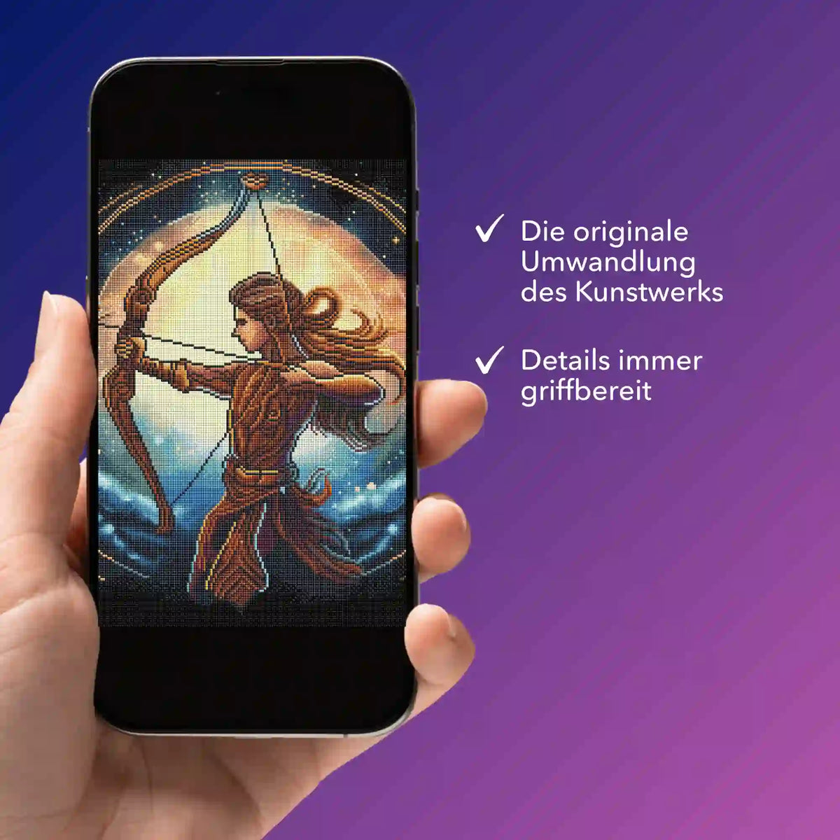 Smartphone zeigt digitale Diamond Painting Bildmappe mit Sternzeichen Schütze Motiv für kreative DIY-Projekte.