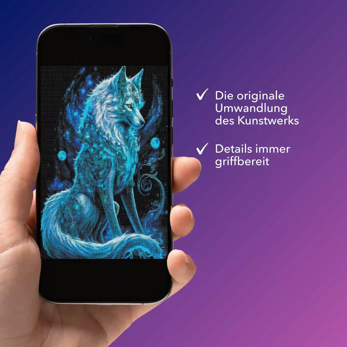 Digitale Diamond Painting Bildmappe als PDF auf Smartphone mit kunstvollem blauem Wolf Motiv von Picmondoo
