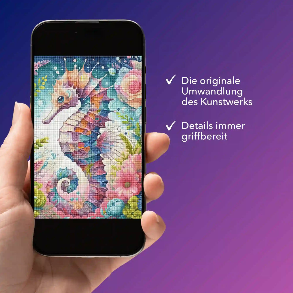 Smartphone mit digitaler Diamond Painting Vorlage Seepferdchen Blütentraum von Picmondoo als PDF für DIY-Bastelsets