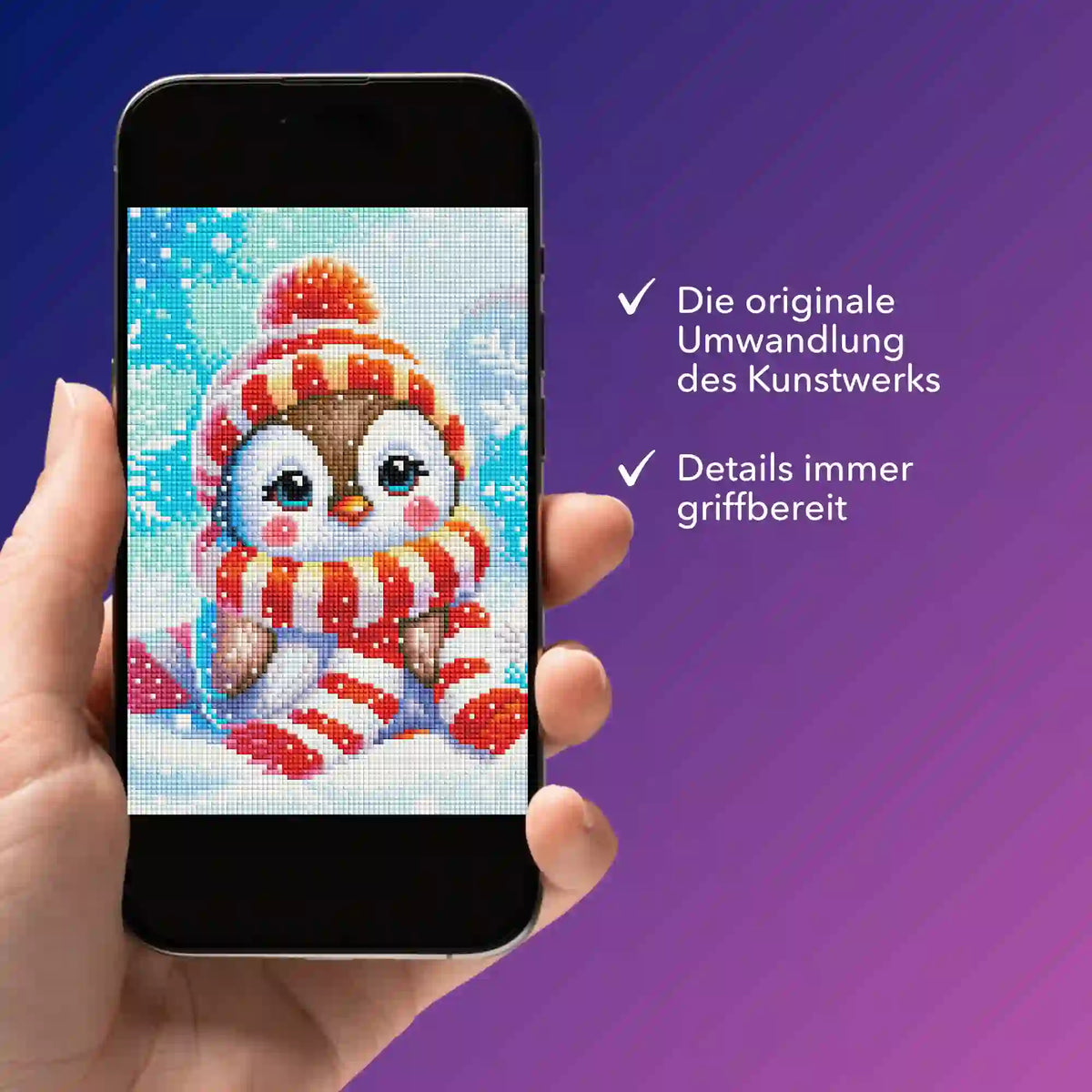Digitale Diamond Painting Vorlage Pinguin Pixie als PDF auf Smartphone zur einfachen Übersicht des kreativen Motivs