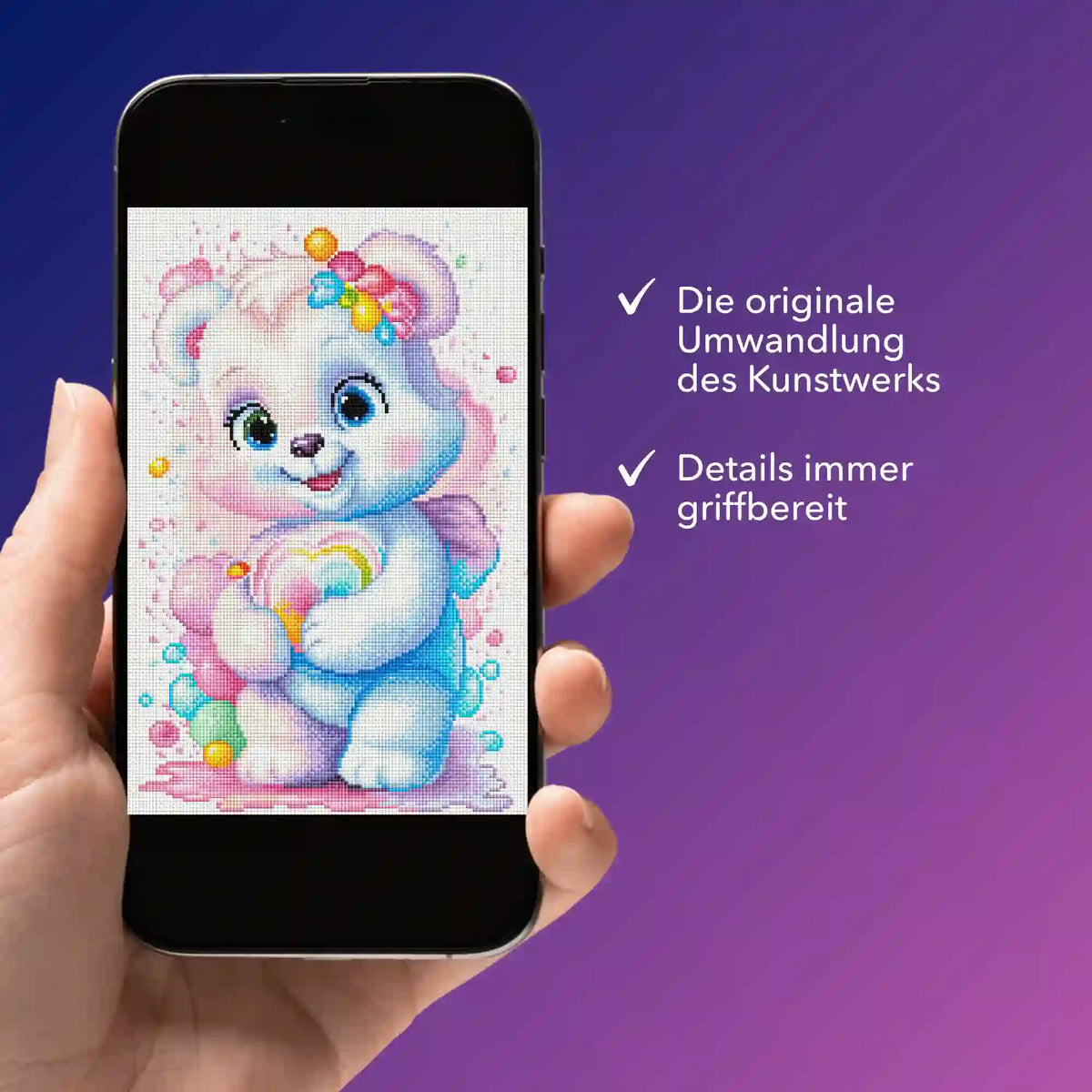 Smartphone mit digitaler Bildmappe für Diamond Painting als Herzensbärchen Vorlage für kreatives DIY-Hobby