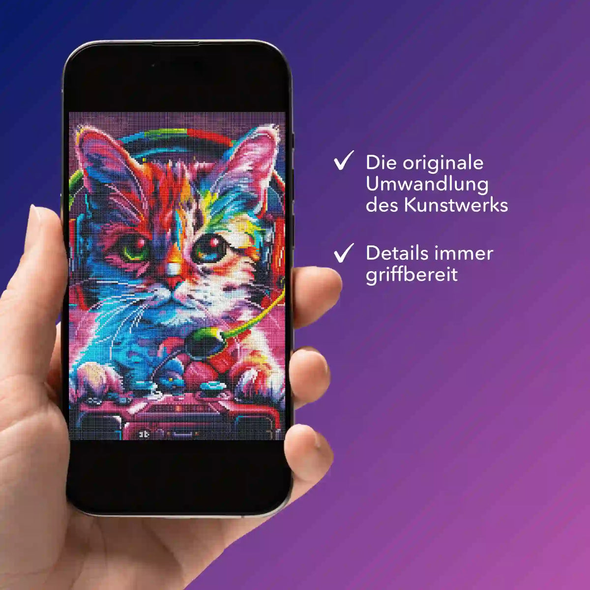 Smartphone zeigt bunte Gaming-Katze als Diamond Painting Motiv in der digitalen Bildmappe von Picmondoo.