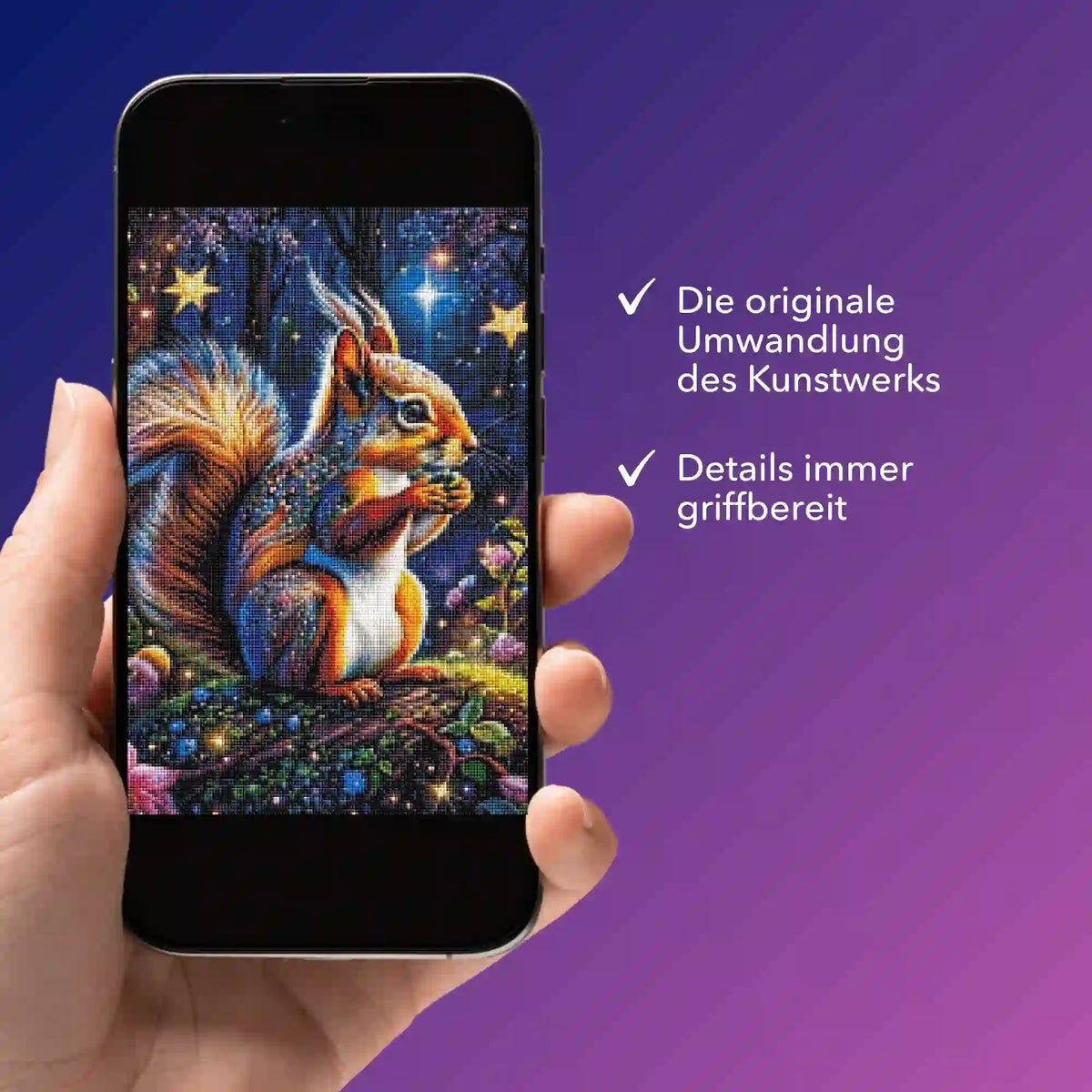 Digitale Diamond Painting Vorlage Eichhörnchen im Zauberwald als PDF zur Ansicht auf dem Smartphone