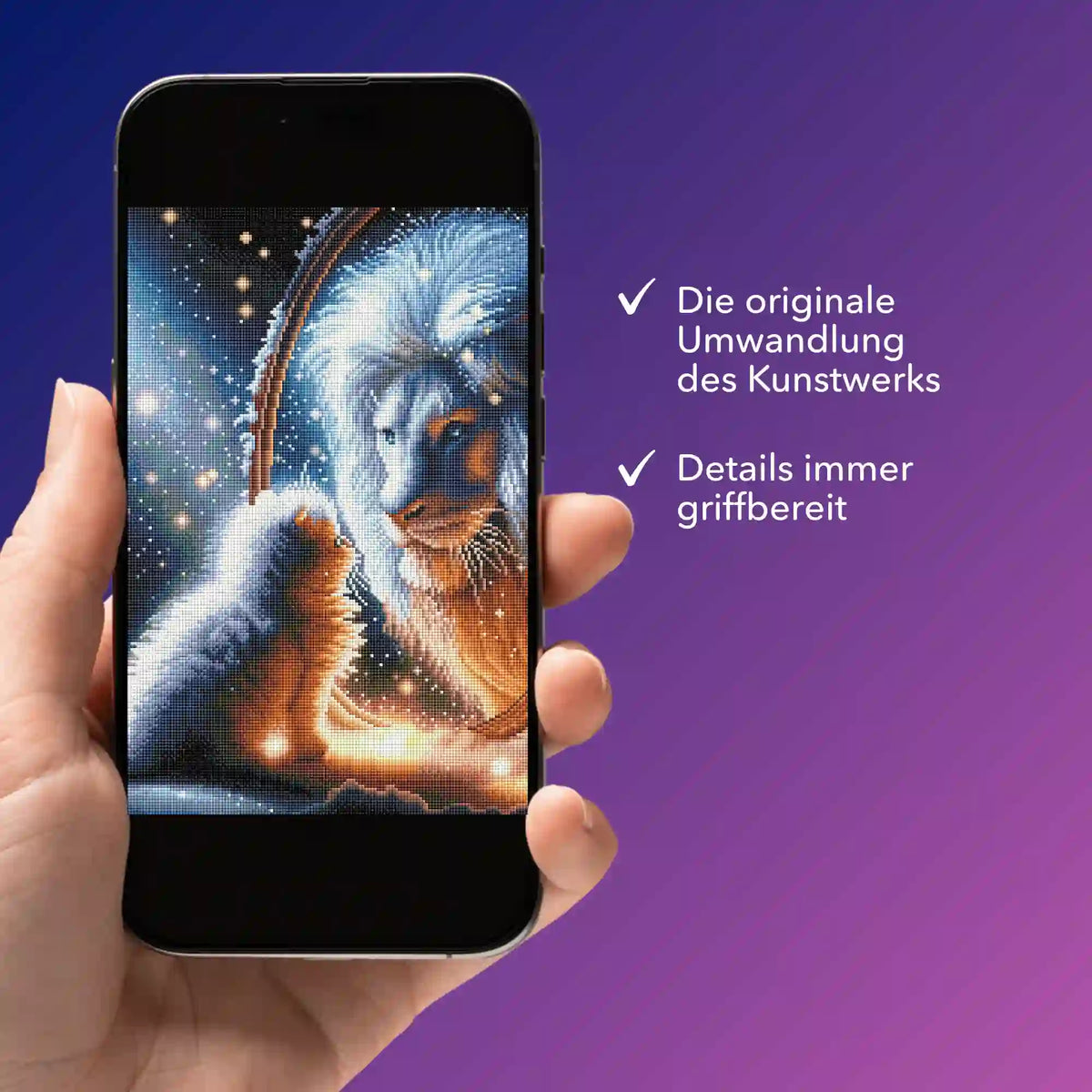 Digitale Diamond Painting Vorlage mit Löwenmotiv als PDF auf einem Smartphone anzeigen und bequem mobil nutzen.