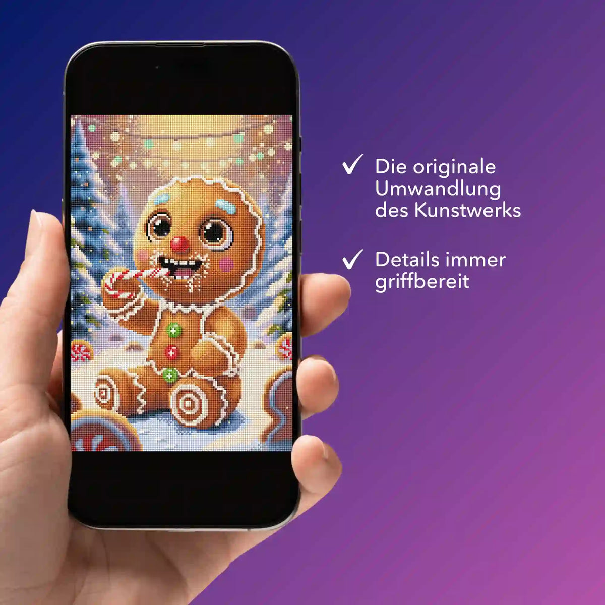 Digitale Diamond Painting Vorlage Lebkuchenmann auf Smartphone, perfekt für DIY-Fans und kreative Gestaltung.