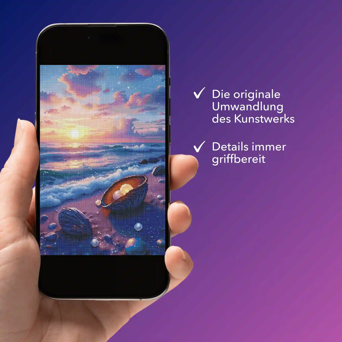 Digitale Diamond Painting Vorlage Strandliebe als PDF auf dem Smartphone für kreative Diamond Painting Projekte