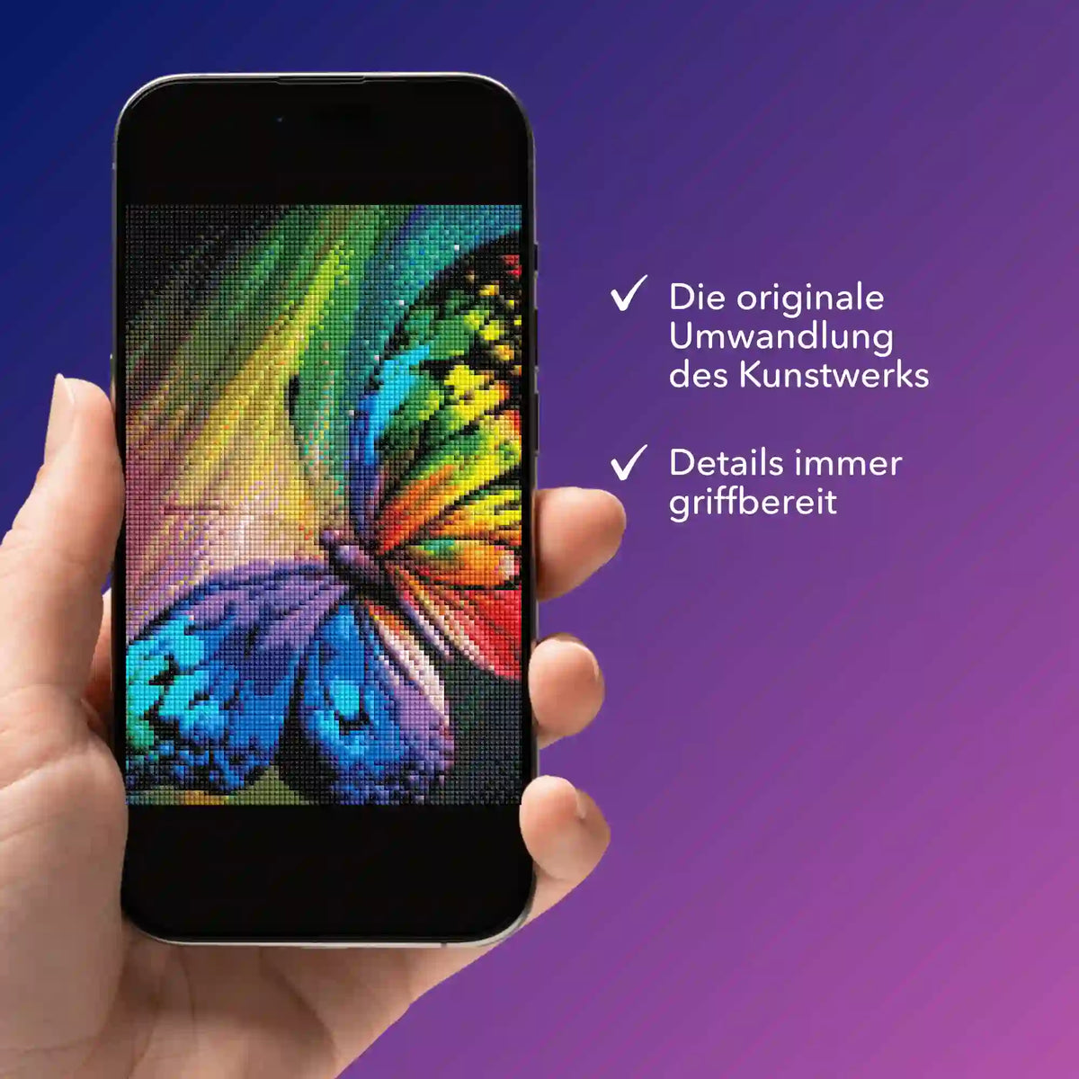 Digitale Diamond Painting Bildmappe als bunter Schmetterling auf dem Smartphone zur Ansicht von Motivdetails.
