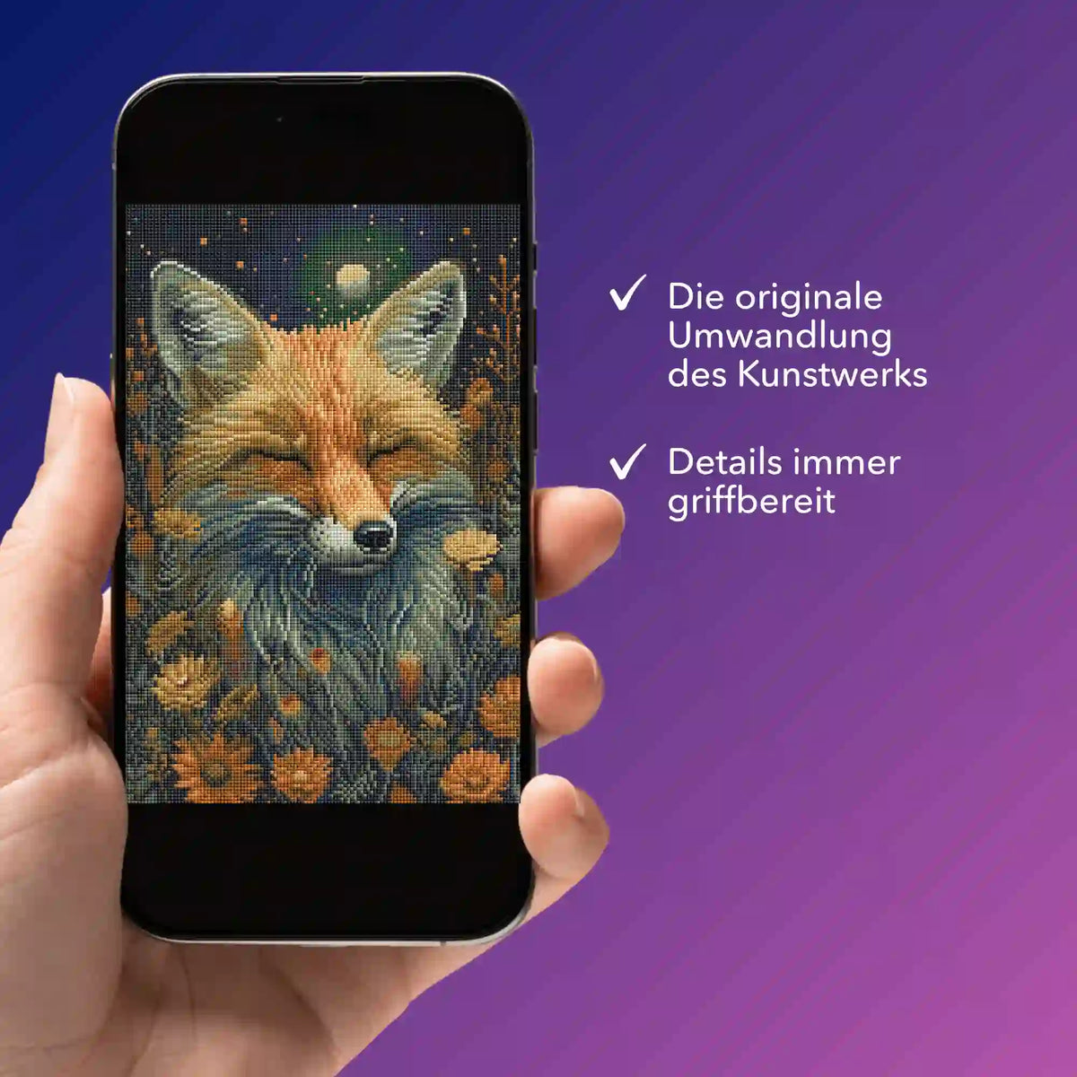 Digitale Diamond Painting Bildmappe mit Fuchsmotiv Foxy Dreams auf dem Smartphone als Vorlage für kreative DIY-Projekte