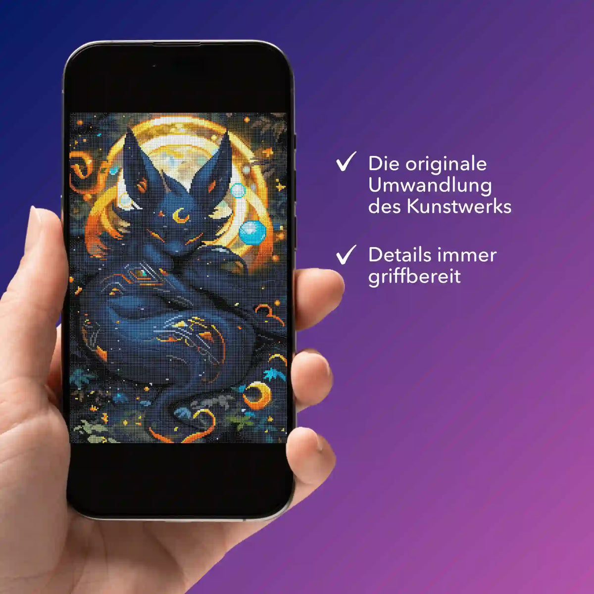 Digitale Bildmappe für Diamond Painting Design Mystisches Nachtwesen auf einem Smartphone zur mobilen Projektverwaltung.
