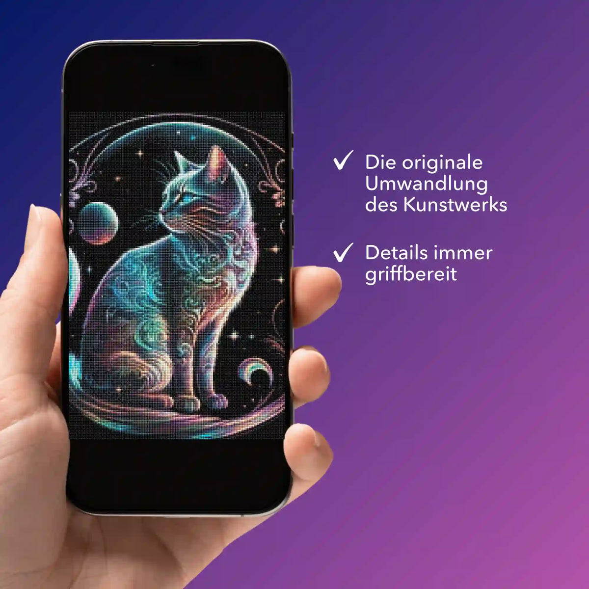Digitale Picmondoo Bildmappe mit Cat on the Moon Diamond Painting Motiv auf dem Smartphone angezeigt.