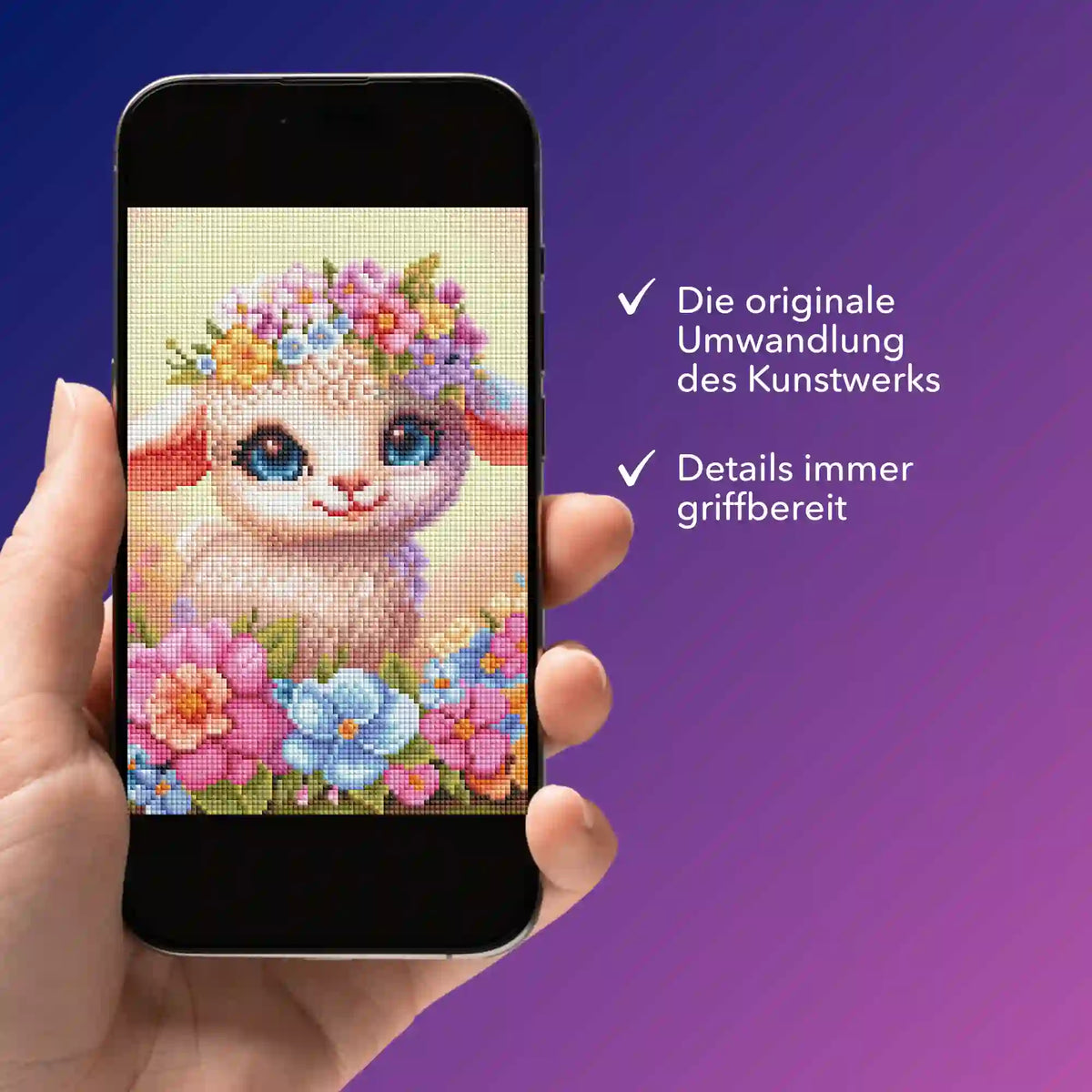 Digitale Diamond Painting Vorlage als PDF auf Smartphone: Osterlämmchen Motiv Lupina mit Blumenkranz