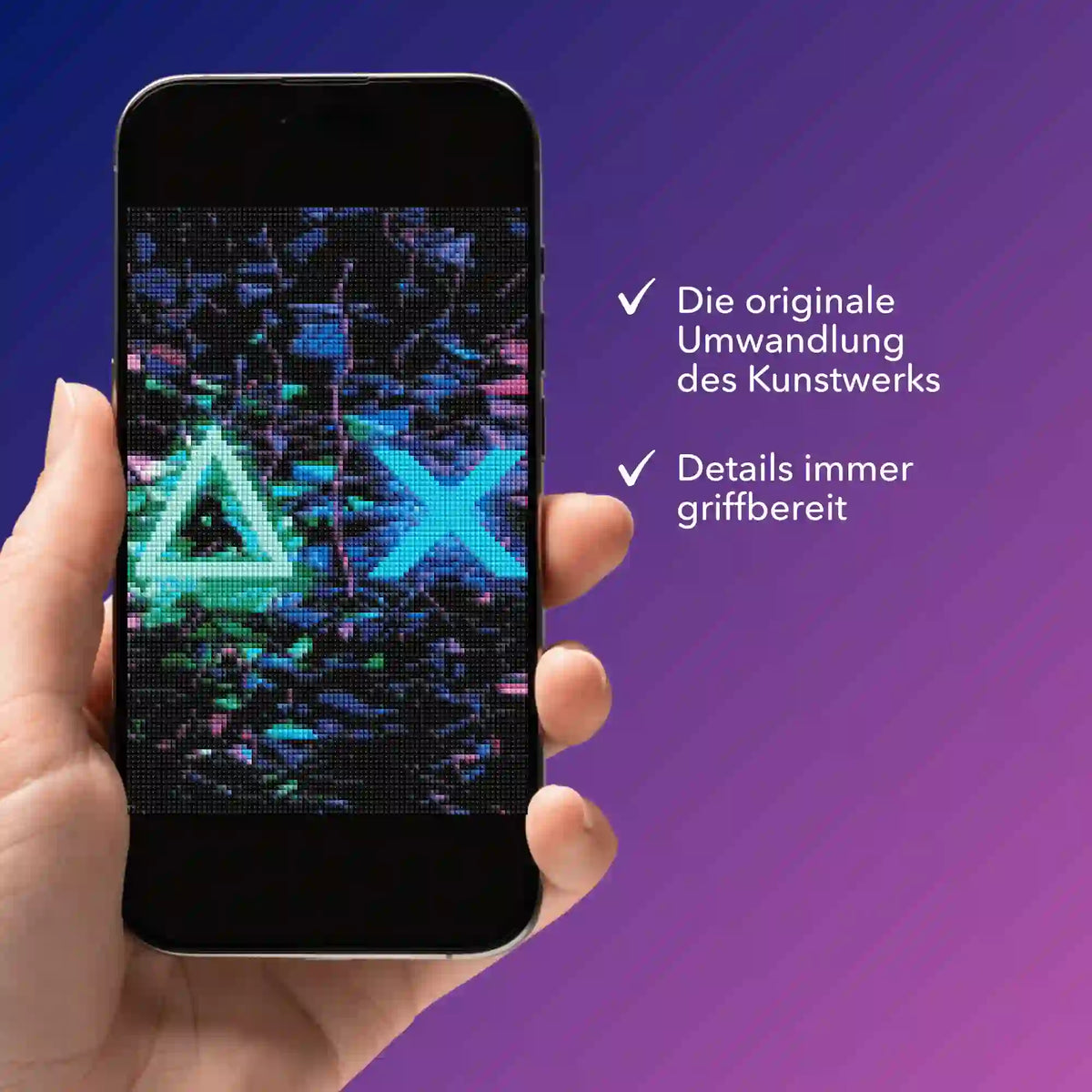 Digitale Bildmappe auf Smartphone für dein Diamond Painting Set mit Gaming-Motiv für kreative Gestaltung.